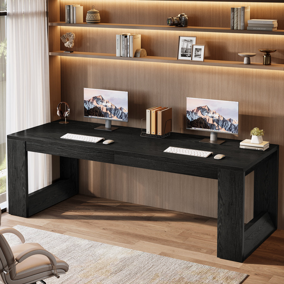 86.6" Two Person Desk, Farmhouse Solid Wood Computer Desk for Home Office