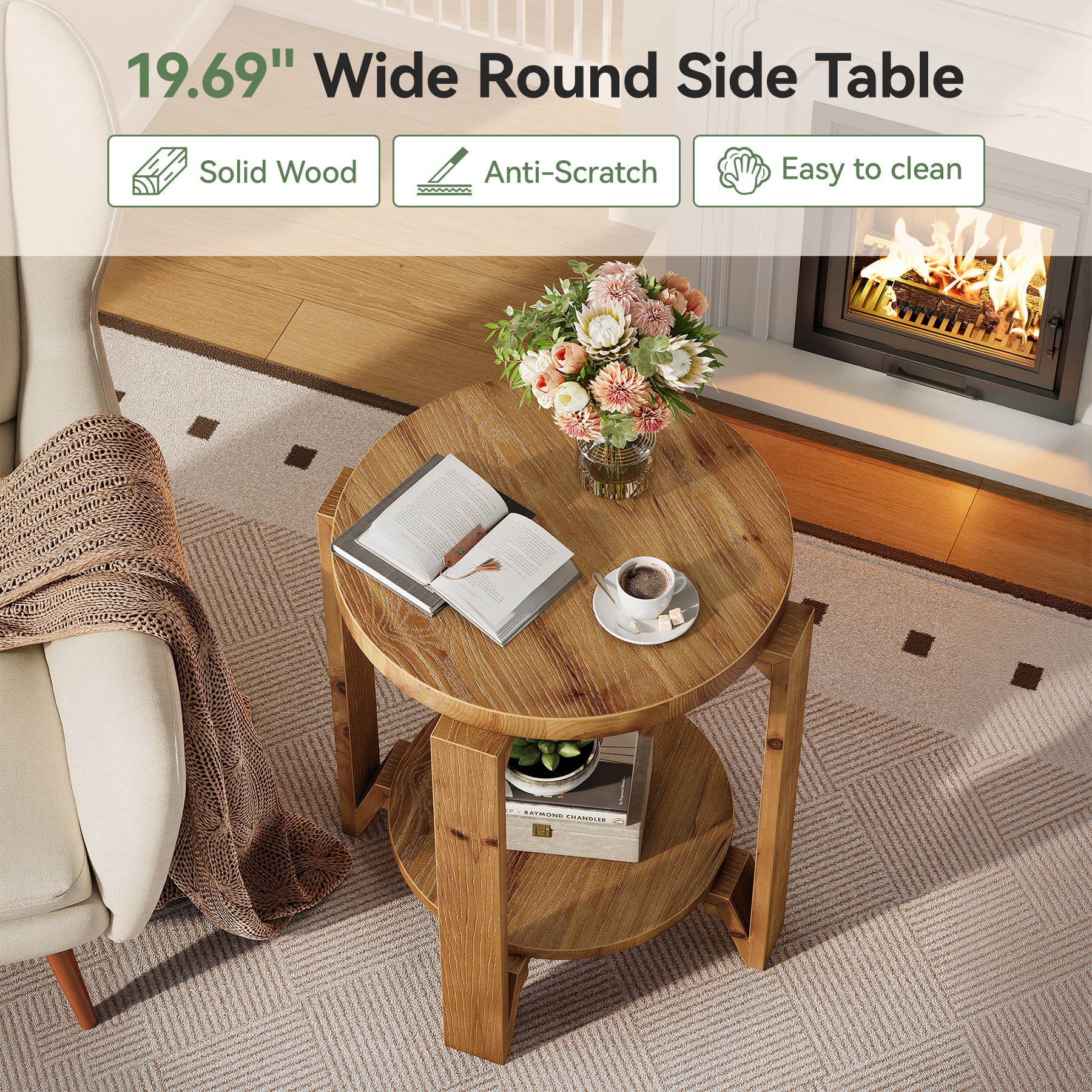 Solid Wood End Table, 2-Tier Round Sofa Side Table Nightstand with Storage