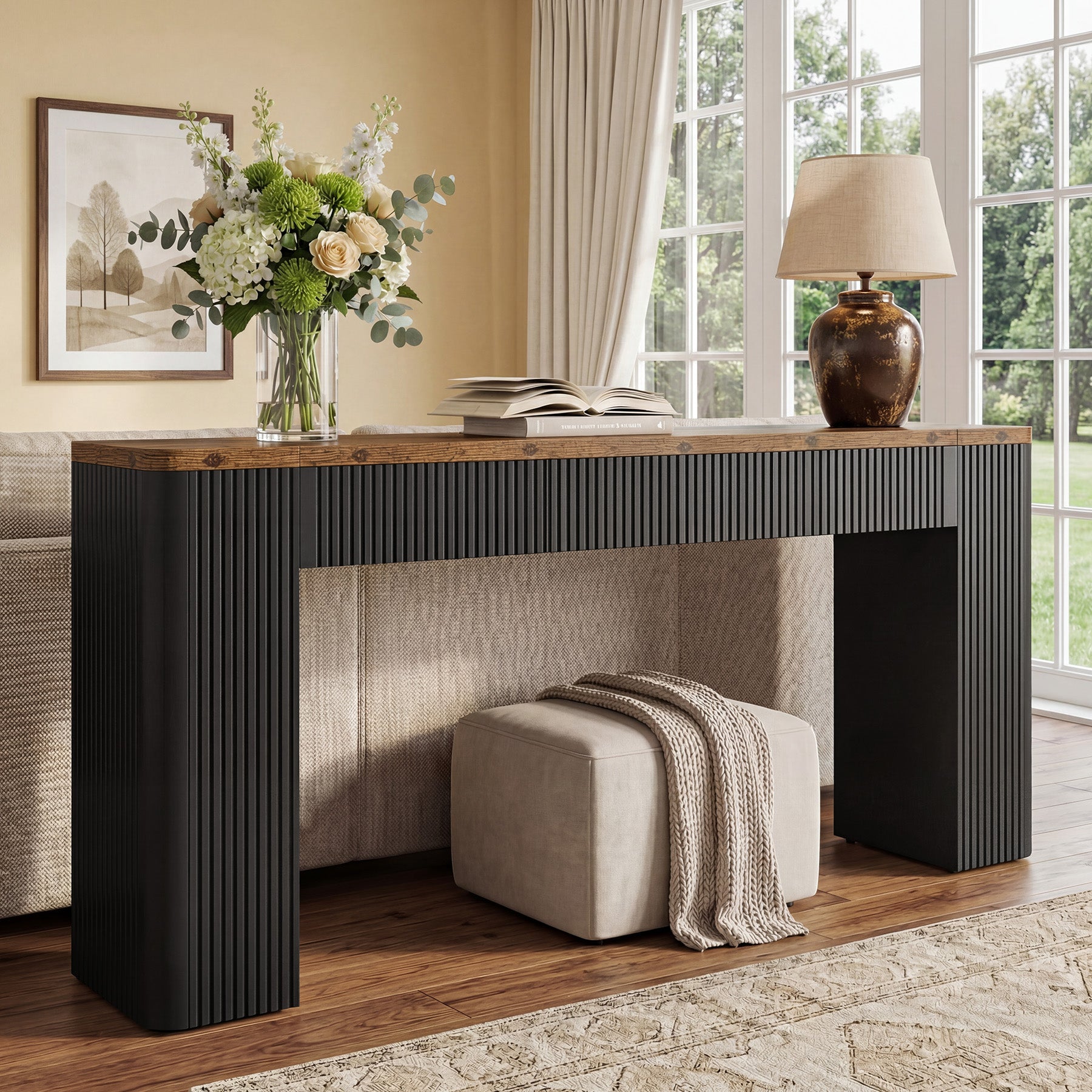82.7" Long Console Table, Fluted Narrow Sofa Table Entryway Table with Curved Edges