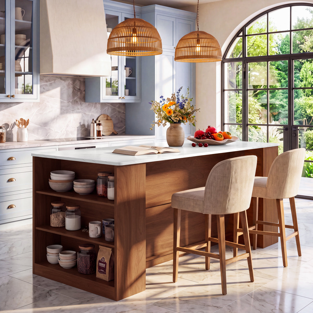 71" Bar Table, Farmhouse Counter Height Pub Table with Slatted Cabinet & 6 Open Shelves
