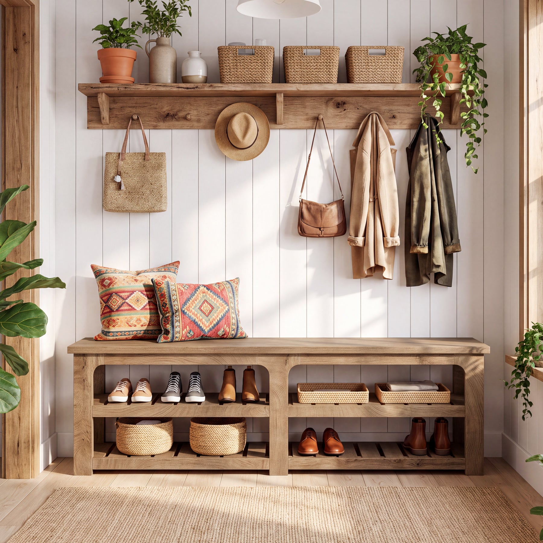 71" Extra Long Entryway Bench with Shoe Storage, Farmhouse 2-Tier Slatted Shoe Rack