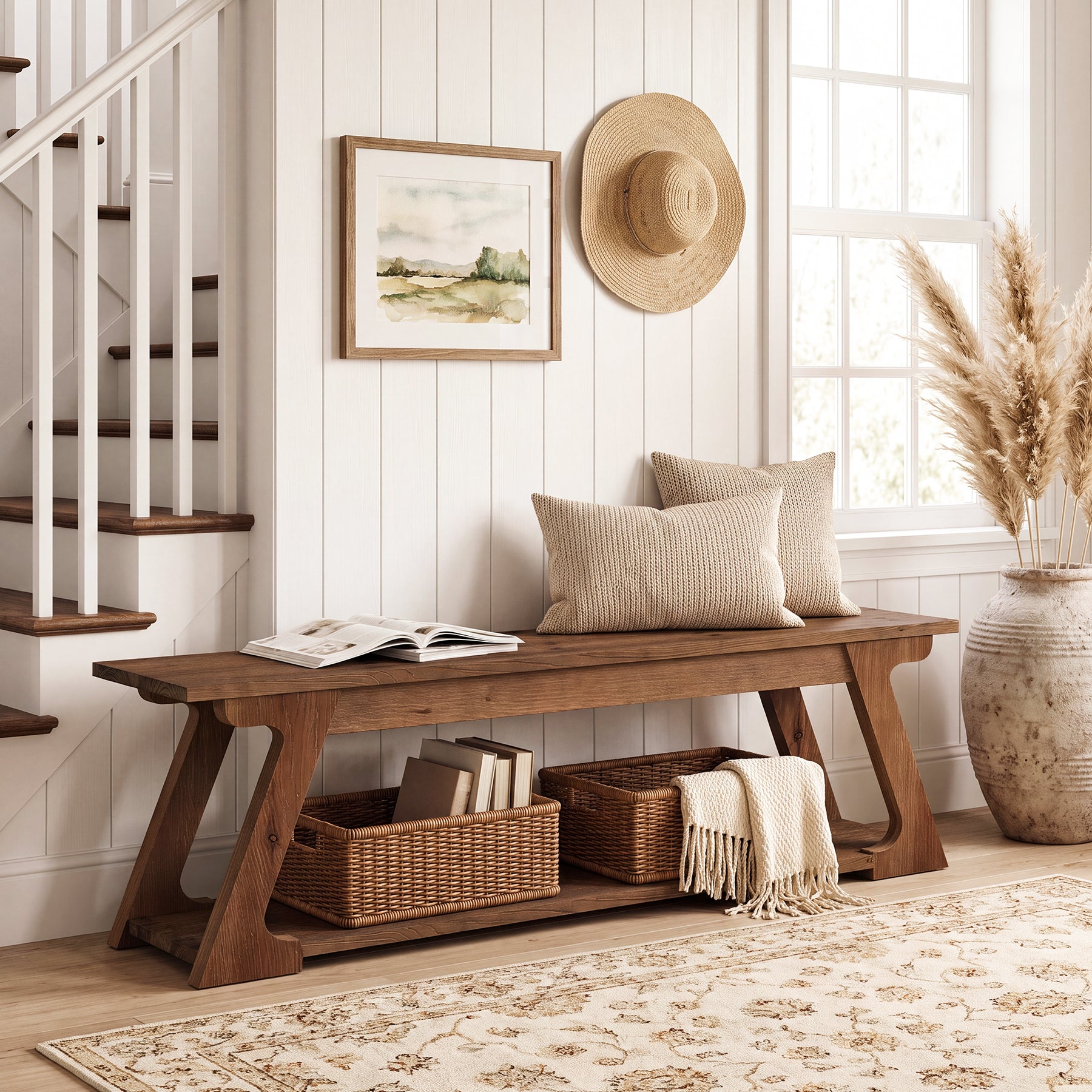 59" Solid Wood Entryway Bench, End of Bed Bench with Trapezoidal-Shaped Leg