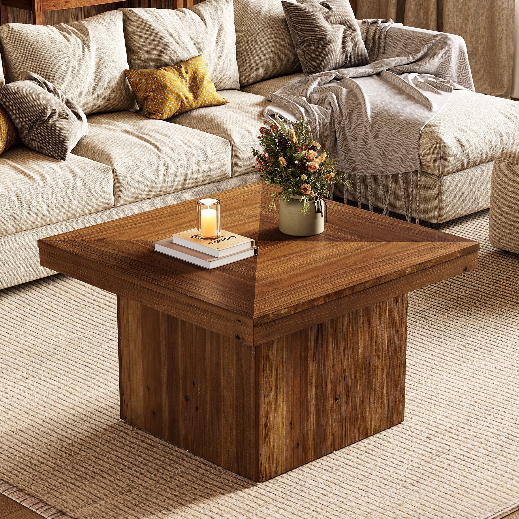 35.4" Wood Coffee Table, Modern Square Center Cocktail Table