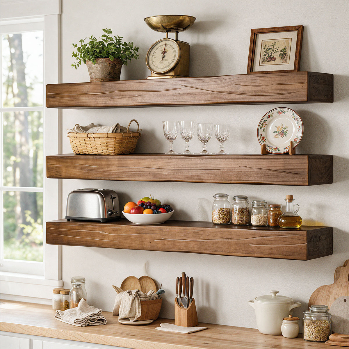 47.2" Solid Wood Floating Shelves for Wall, Set of 3, Embossed Texture, Easy 4-Step Assembly