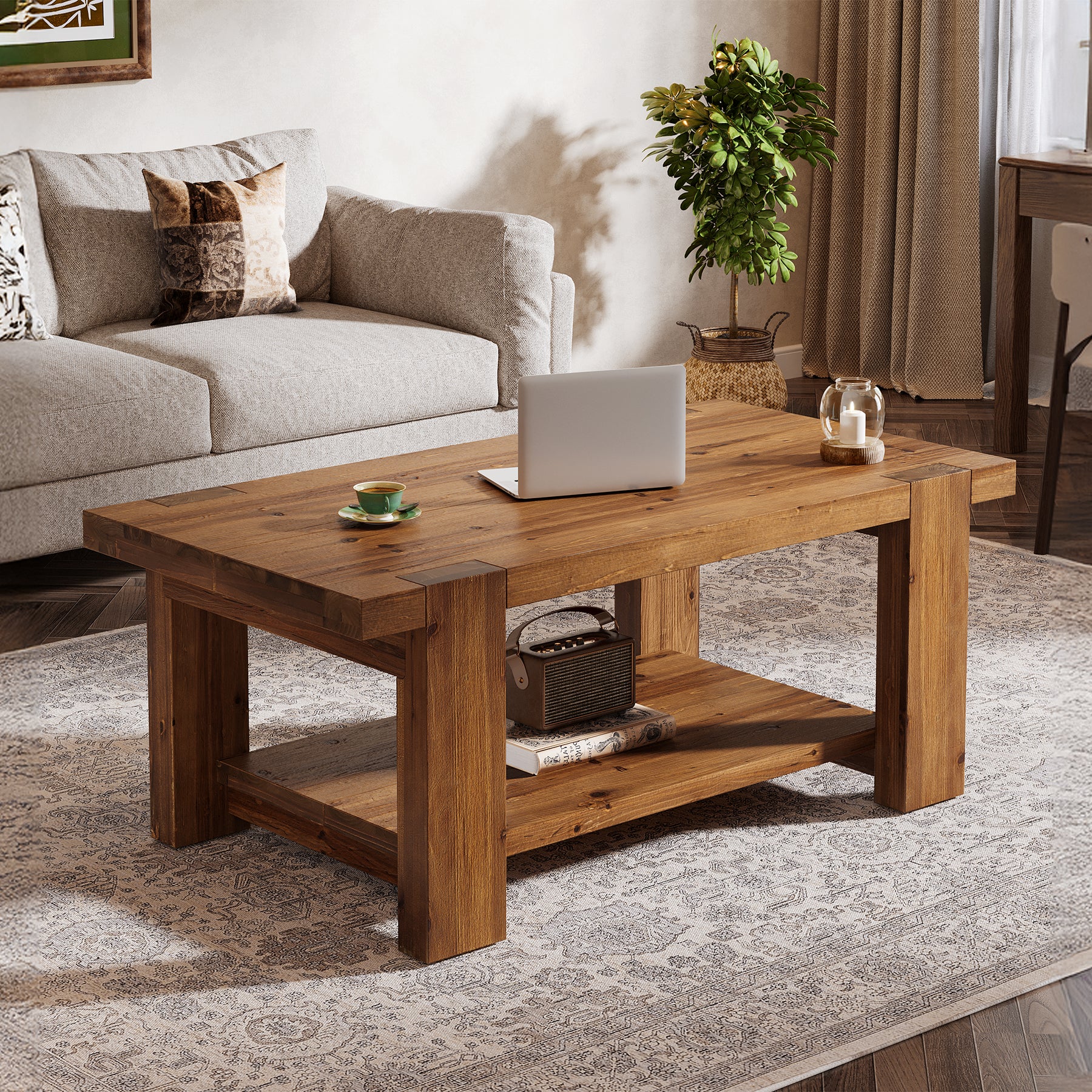 47.2" Solid Wood Coffee Table, Rectangle Center Table with 2-Tier Storage Shelf