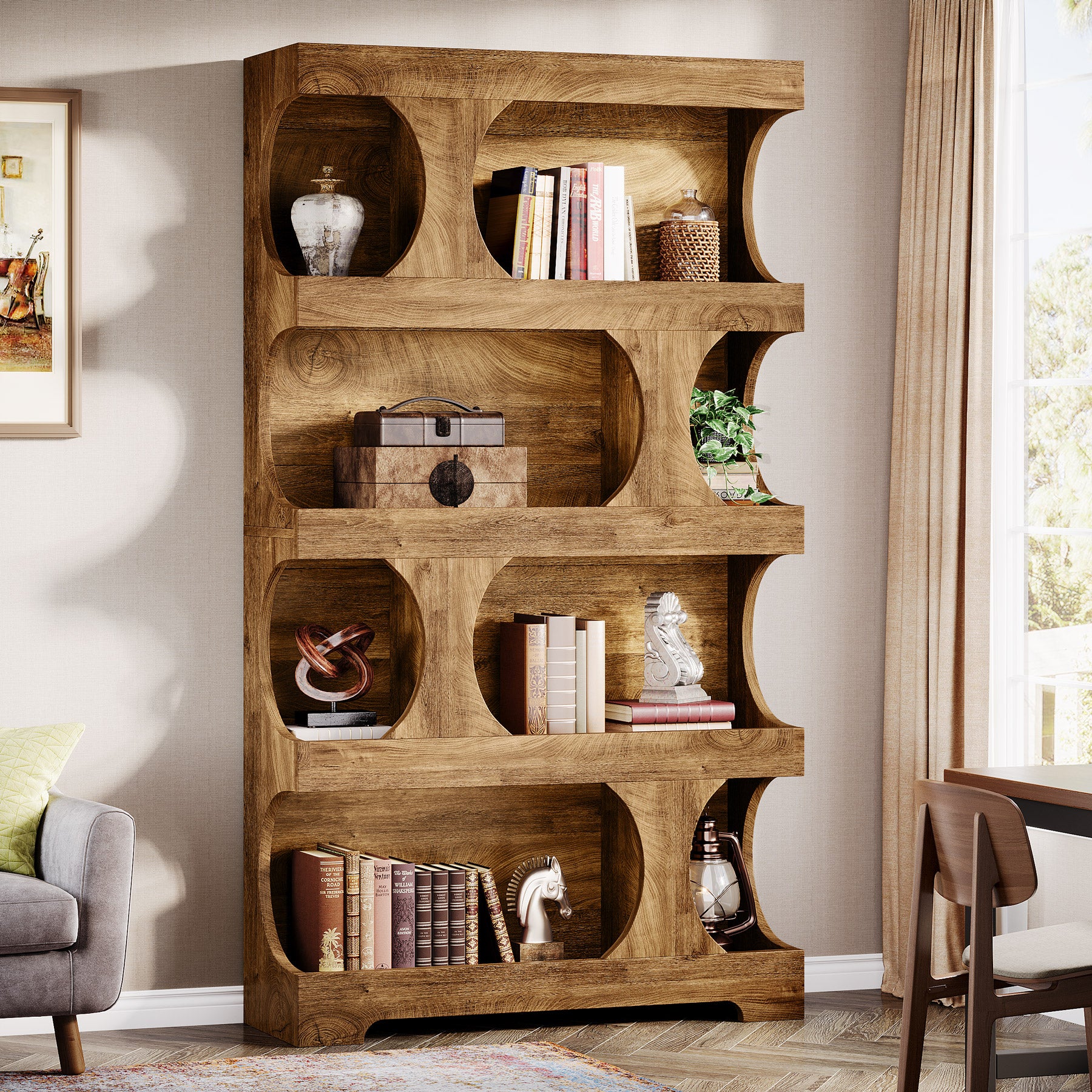 71" Bookcase, Modern Asymmetrical Bookshelf 4-Tier Display Shelf