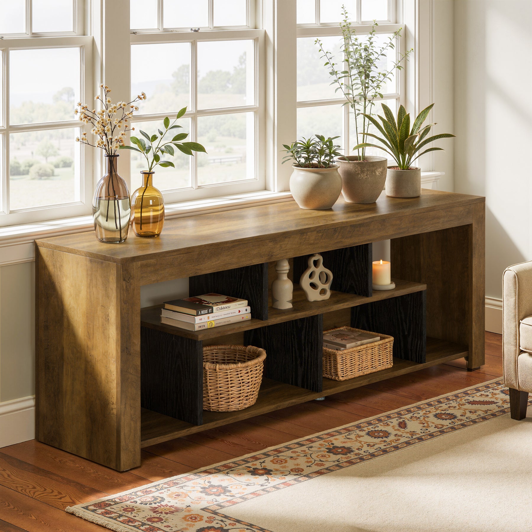 63-Inch Low Sofa Console Table with Storage Shelves, Rustic 3-Tier Entryway Table for Living Room