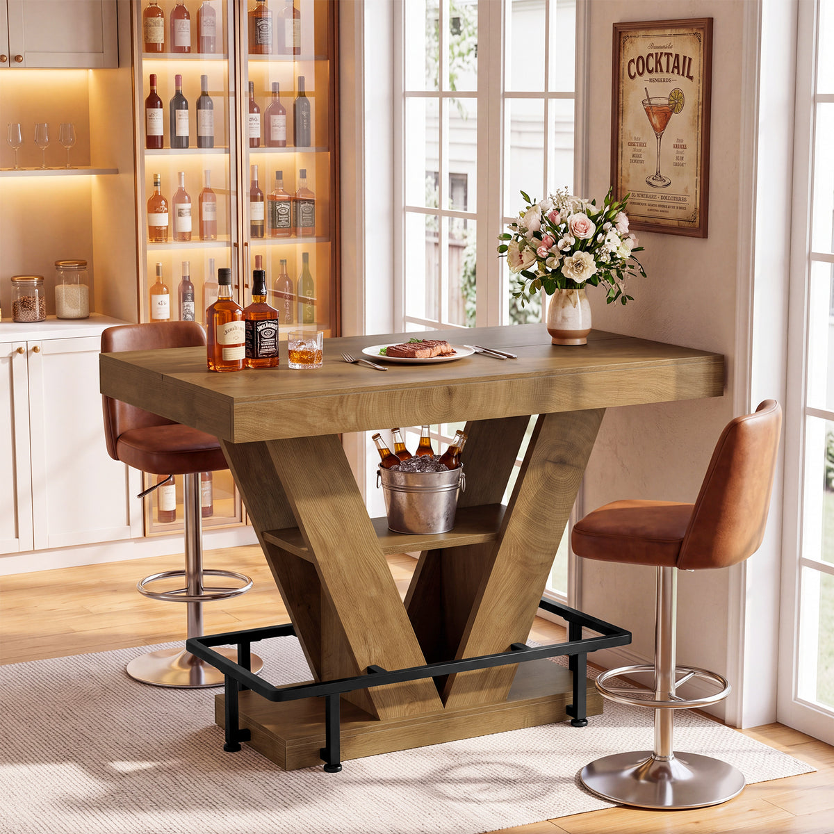 47" Counter Height Bar Table with Footrest, V-Shaped Support & 2-Tier Storage