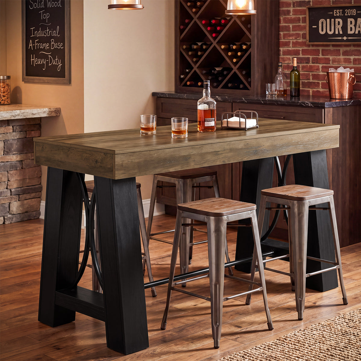 63" Farmhouse Counter Height Table with Footrest, Rectangular High Top Home Bar Kitchen