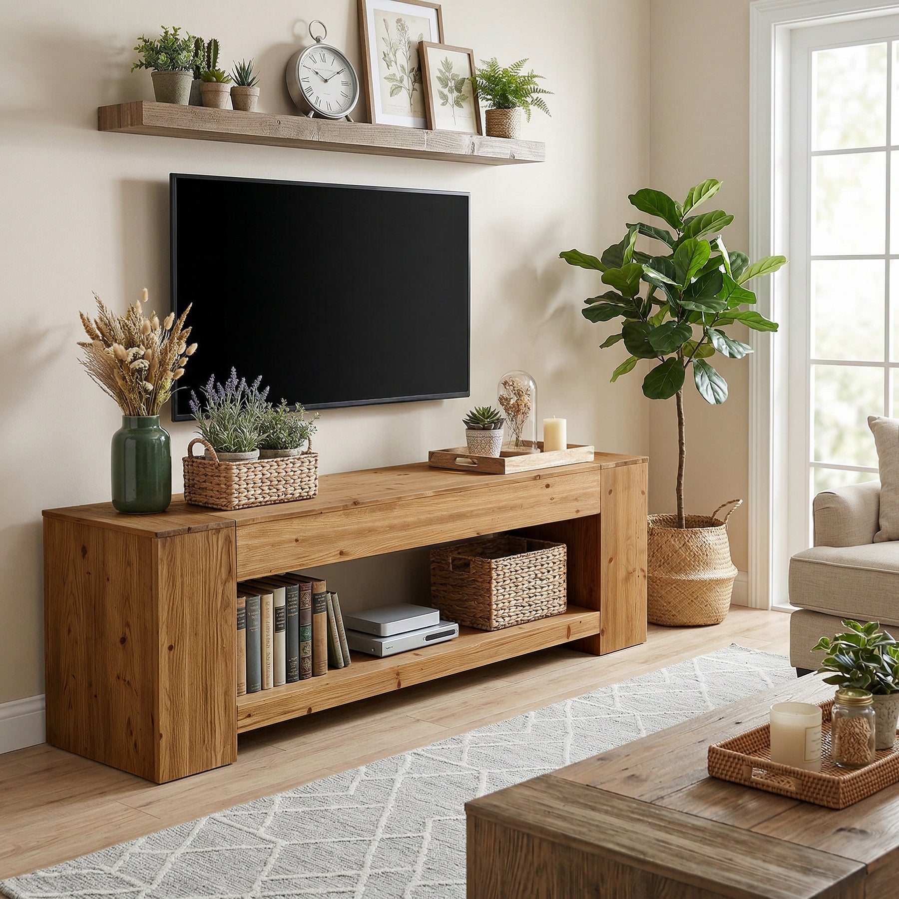 Tribesigns 63" Solid Wood TV Stand, Farmhouse Console for Living Room