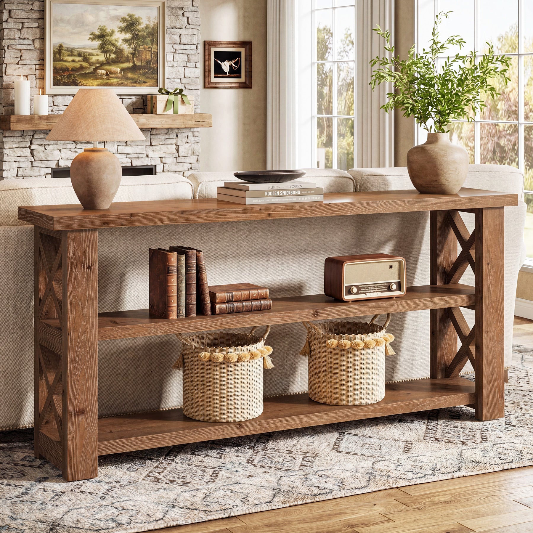 3-Tier Solid Wood Console Table, 63" Sofa Table Behind the Couch for Entryway, Living Room