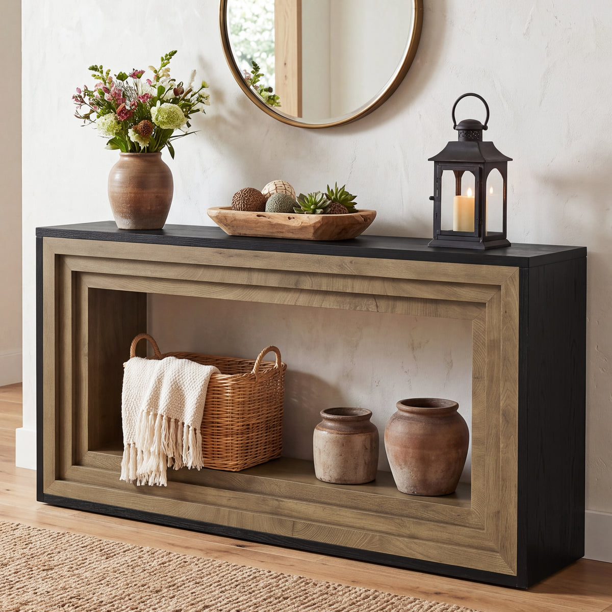 63" Console Table, Farmhouse Entryway Table Sofa Table Behind Couch with Storage Shelf