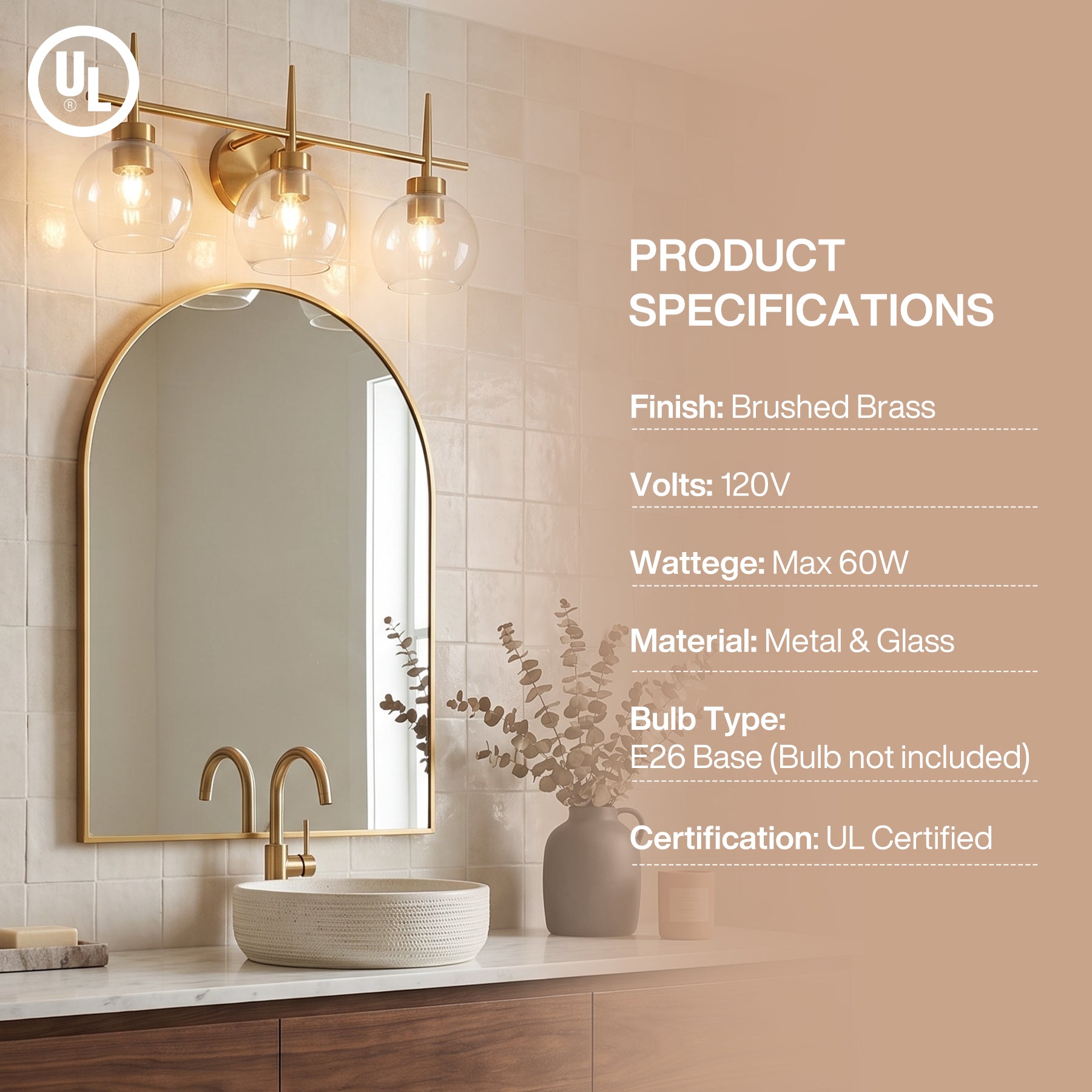 3-Light Bathroom Vanity Light, Modern Brass Finish Wall Sconce Fixture Over Mirror