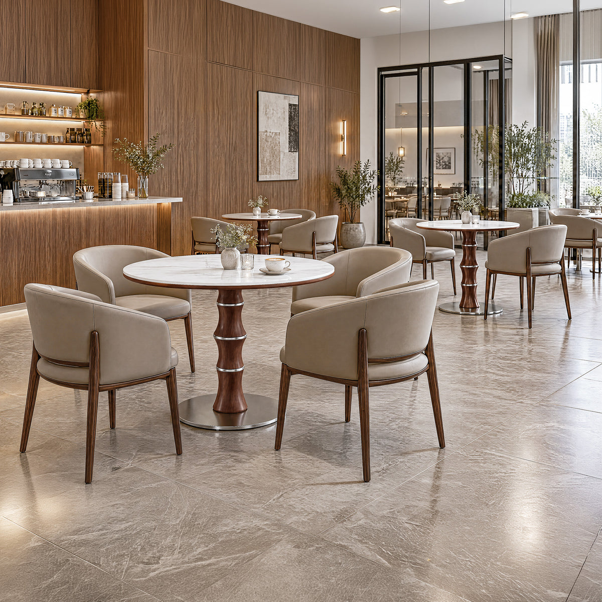 35" Round Sintered Stone Dining Table for 2-4, Rubberwood Pedestal & Stainless Steel Base