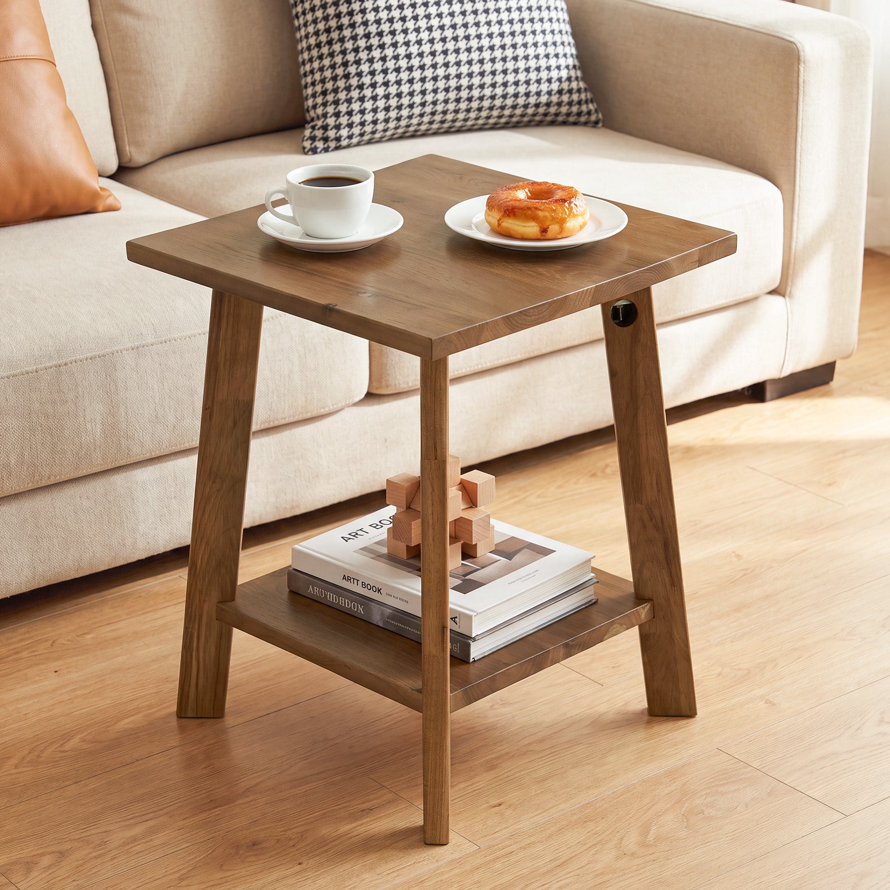 19.69" Solid Wood End Table, Small Side Table with 2-Tier Storage Shelf for Living Room