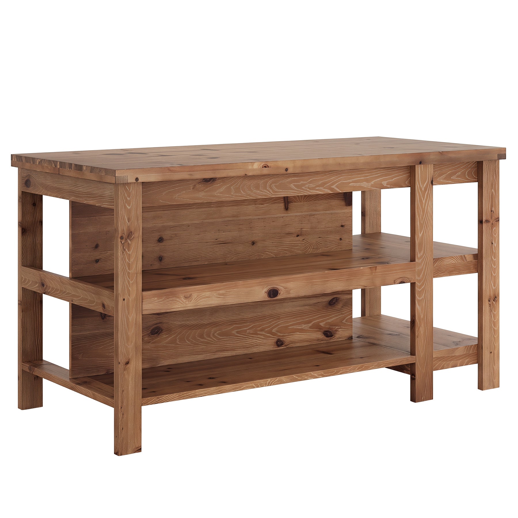 61" Farmhouse Kitchen Island with Storage, 3-Tier Solid Wood, Freestanding Dining Island Table