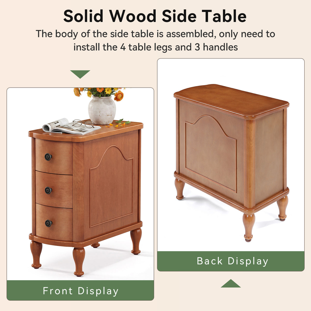 25.78 Inch Solid Wood End Table with 3 Drawers, Vintage Narrow Side Table