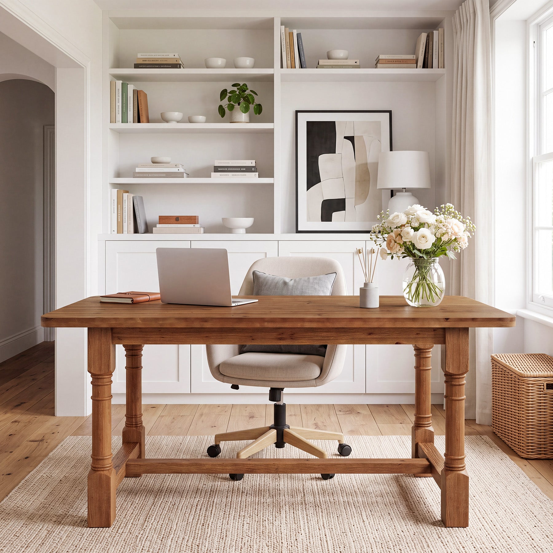 Solid Wood Executive Desk, 63" Rectangular Computer Desk with Trestle Base for Home Office