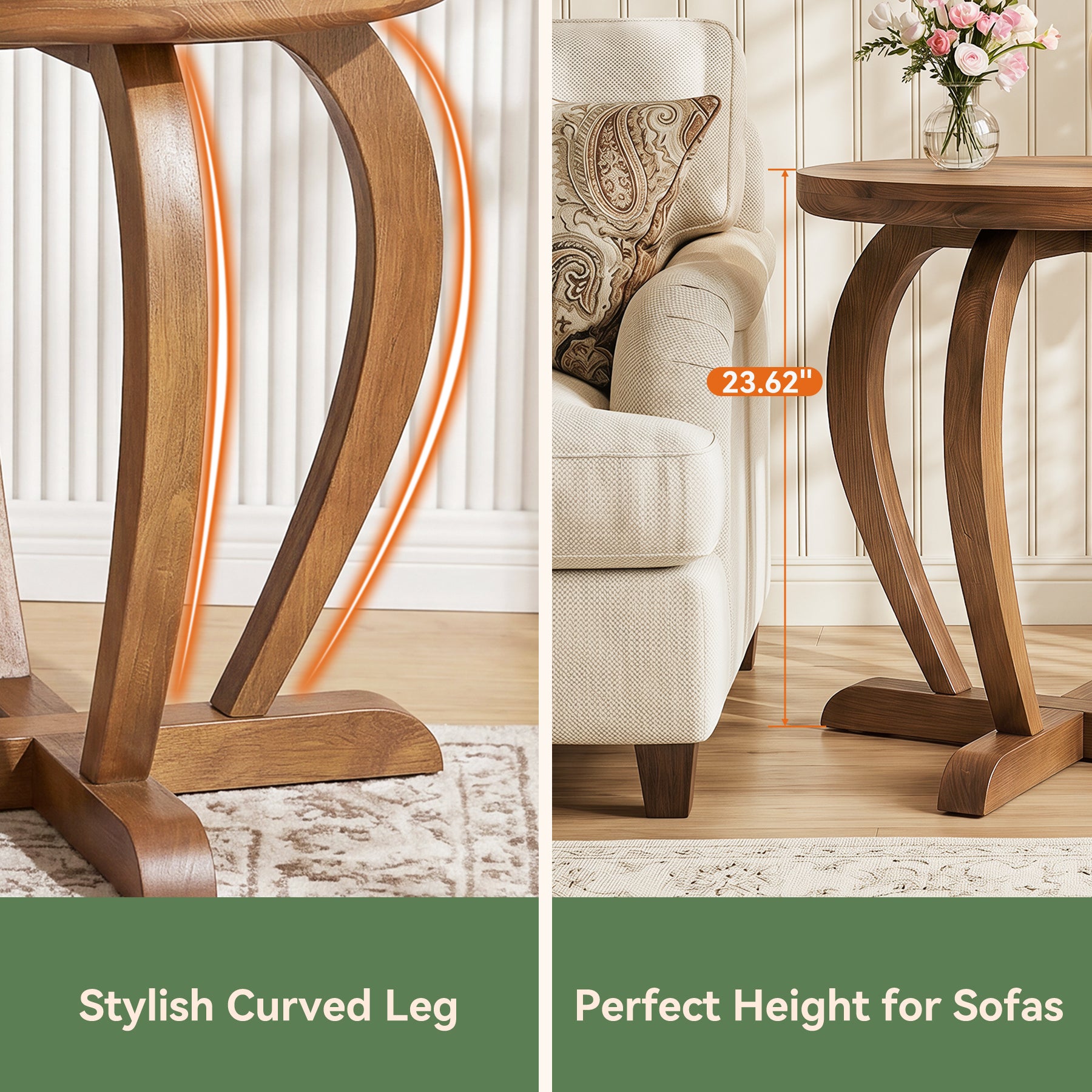 Solid Wood Round End Table, Accent Side Table with Curved Base for Living Room