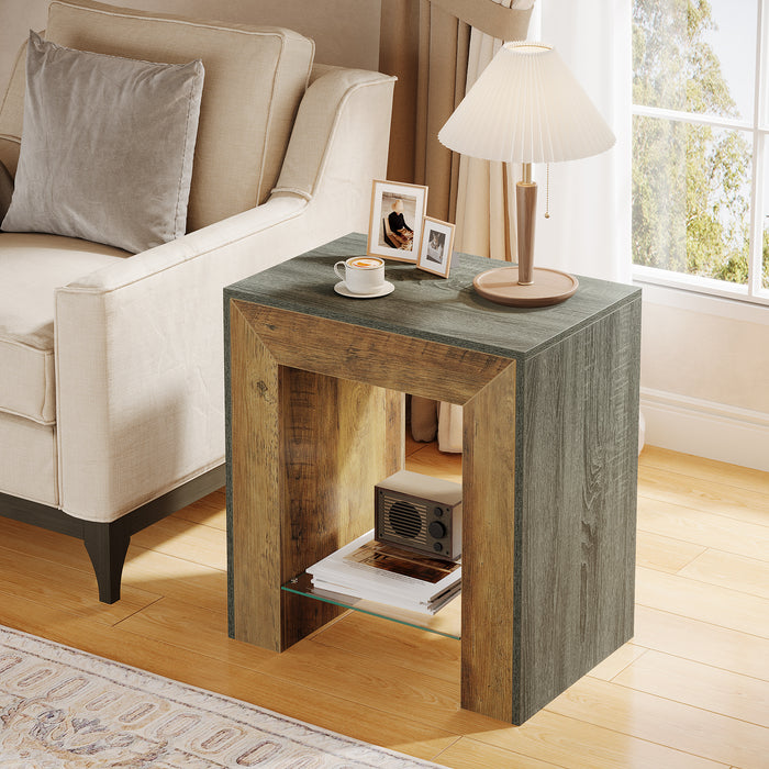 2-Tier End Table, Modern Wood Sofa Side Table with Glass Storage Shelf