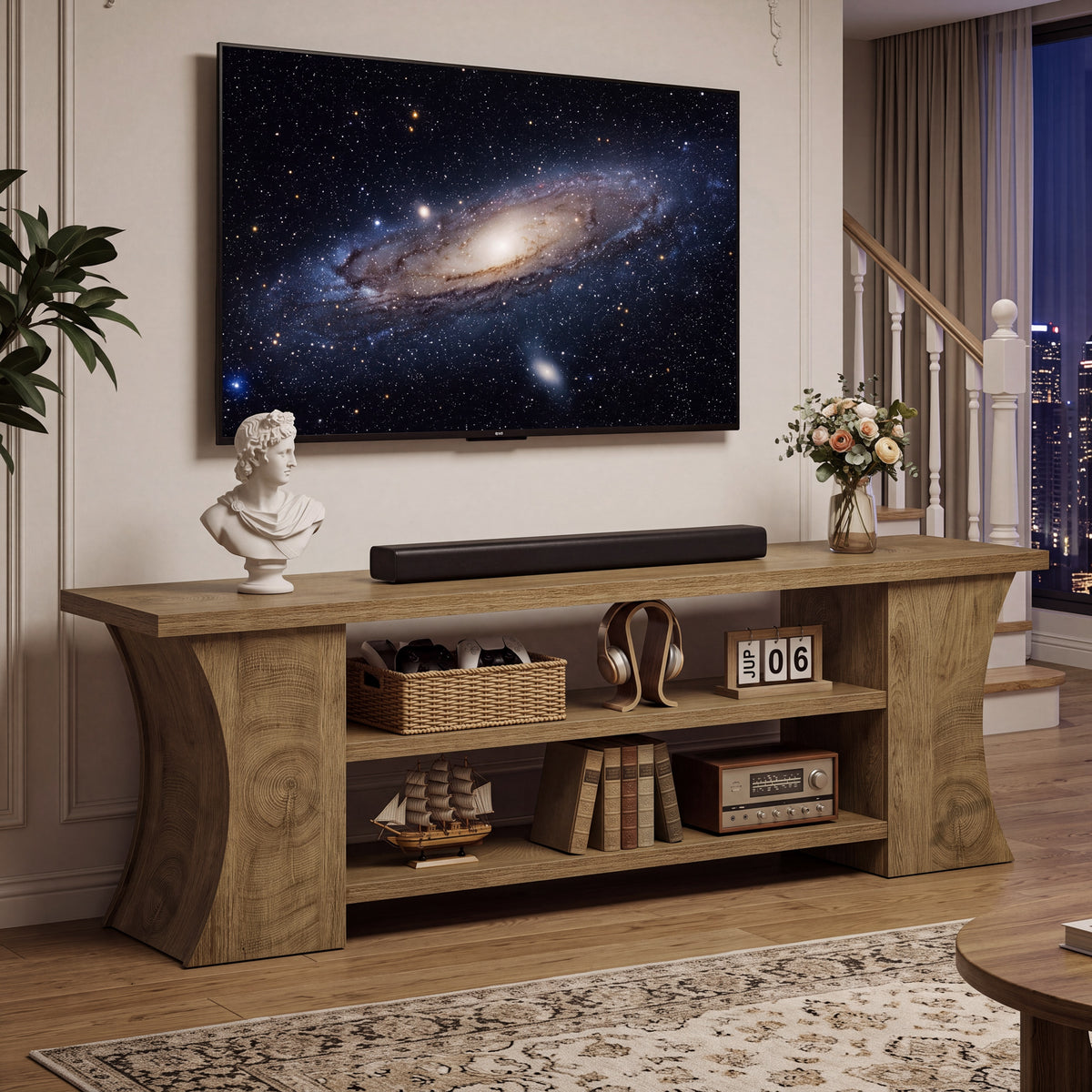63" TV Stand for 75" TVs, Entertainment Center with 3-Tier Storage & Curved Legs