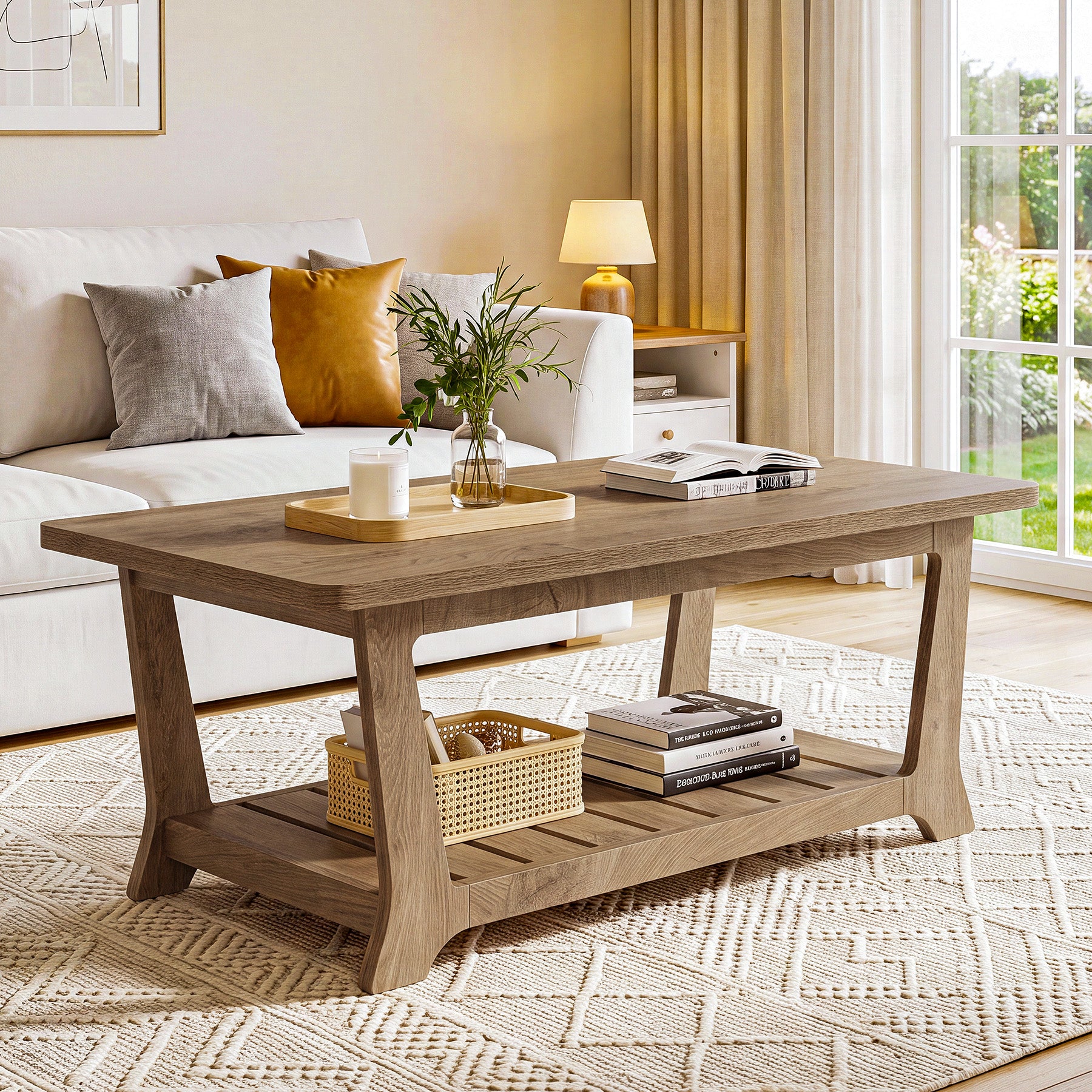 Rectangle Coffee Table, 47.24" Farmhouse Center Table with Shelves for Living Room