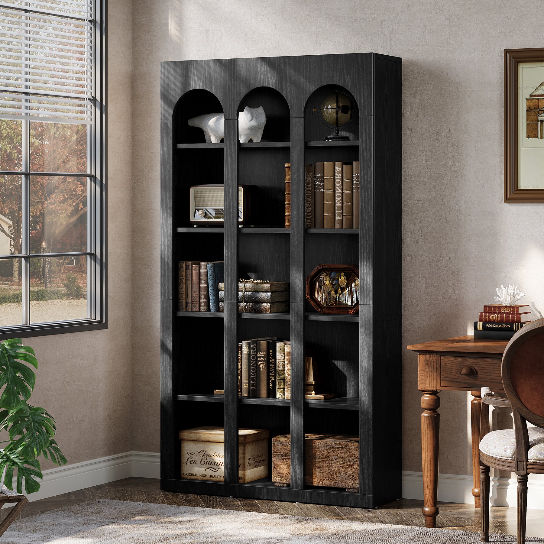 70.8" Arched 5-Tier Bookshelf with Open Shelves, Vintage Farmhouse Style Tall Display Bookcase