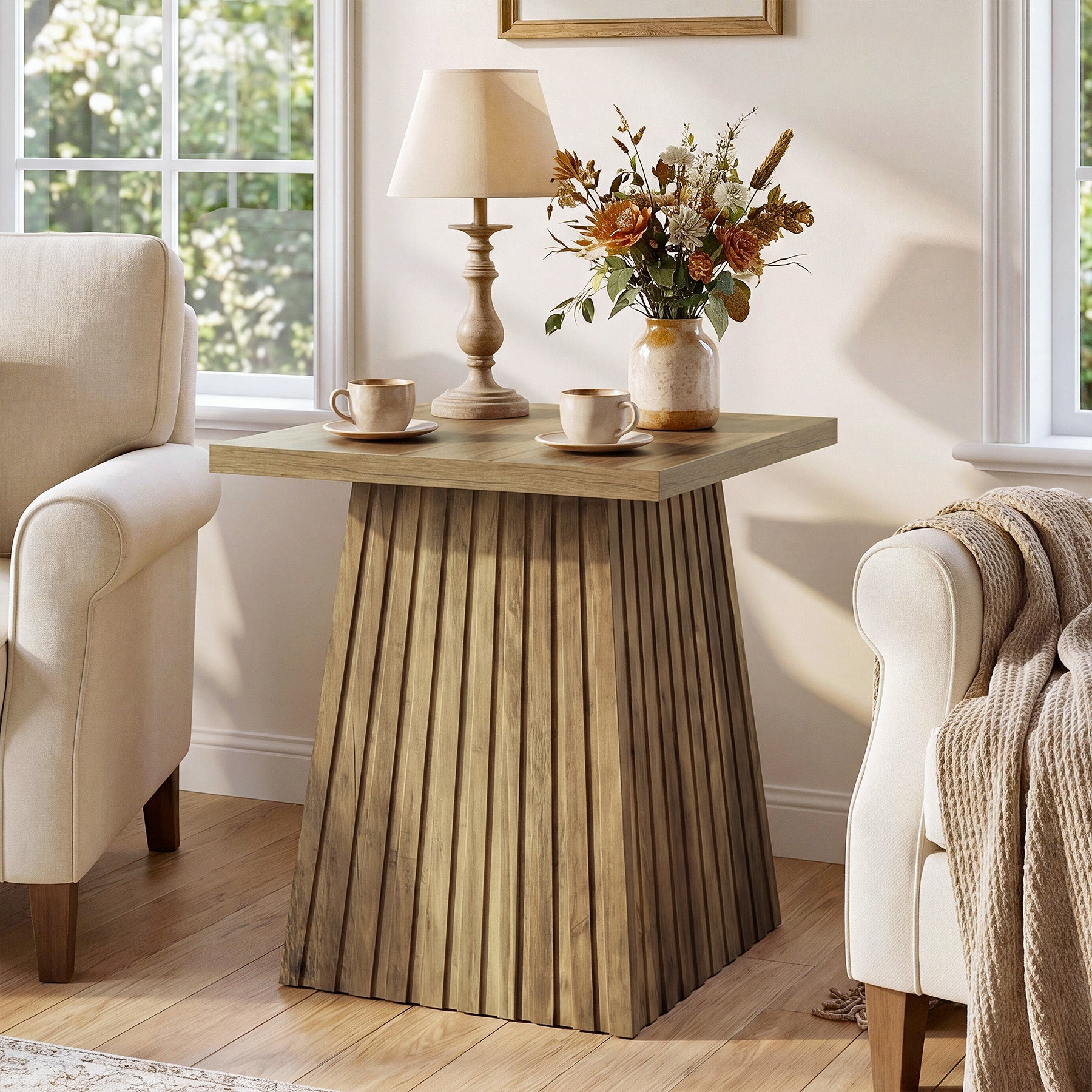 19.7" Square End Table, Modern Rustic Side Table with Fluted Base for Small Space