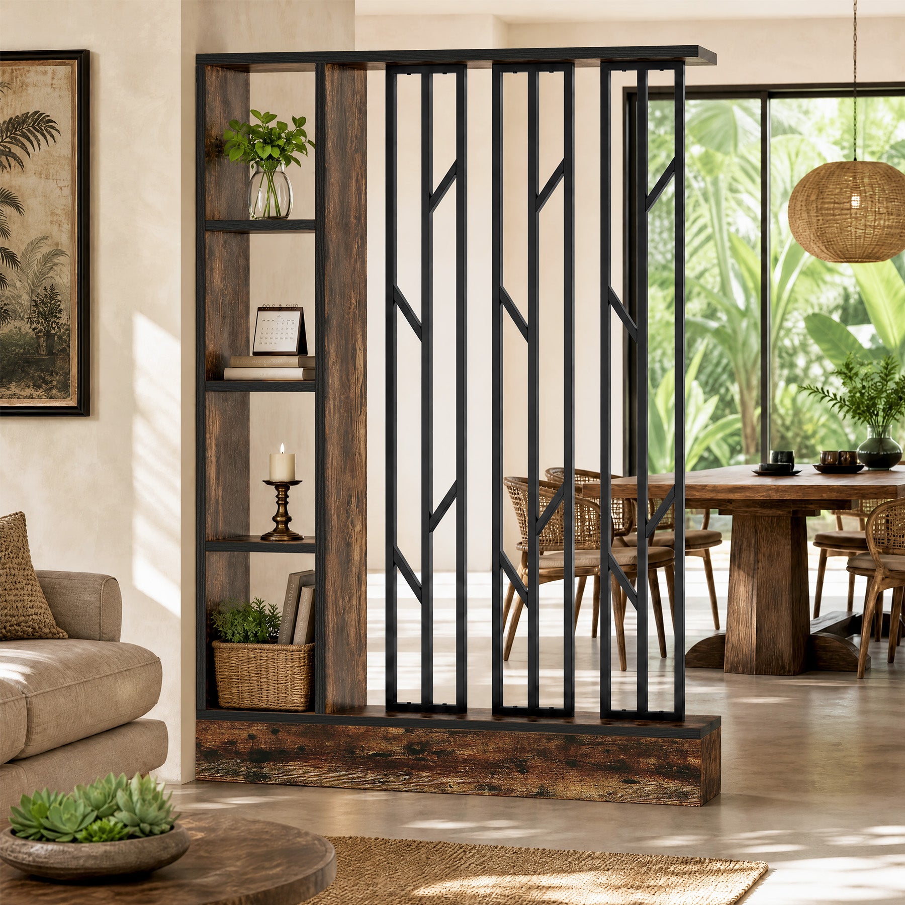 71" Room Divider with Storage Shelves, Freestanding 4-Shelf Wall Partition, Living Room
