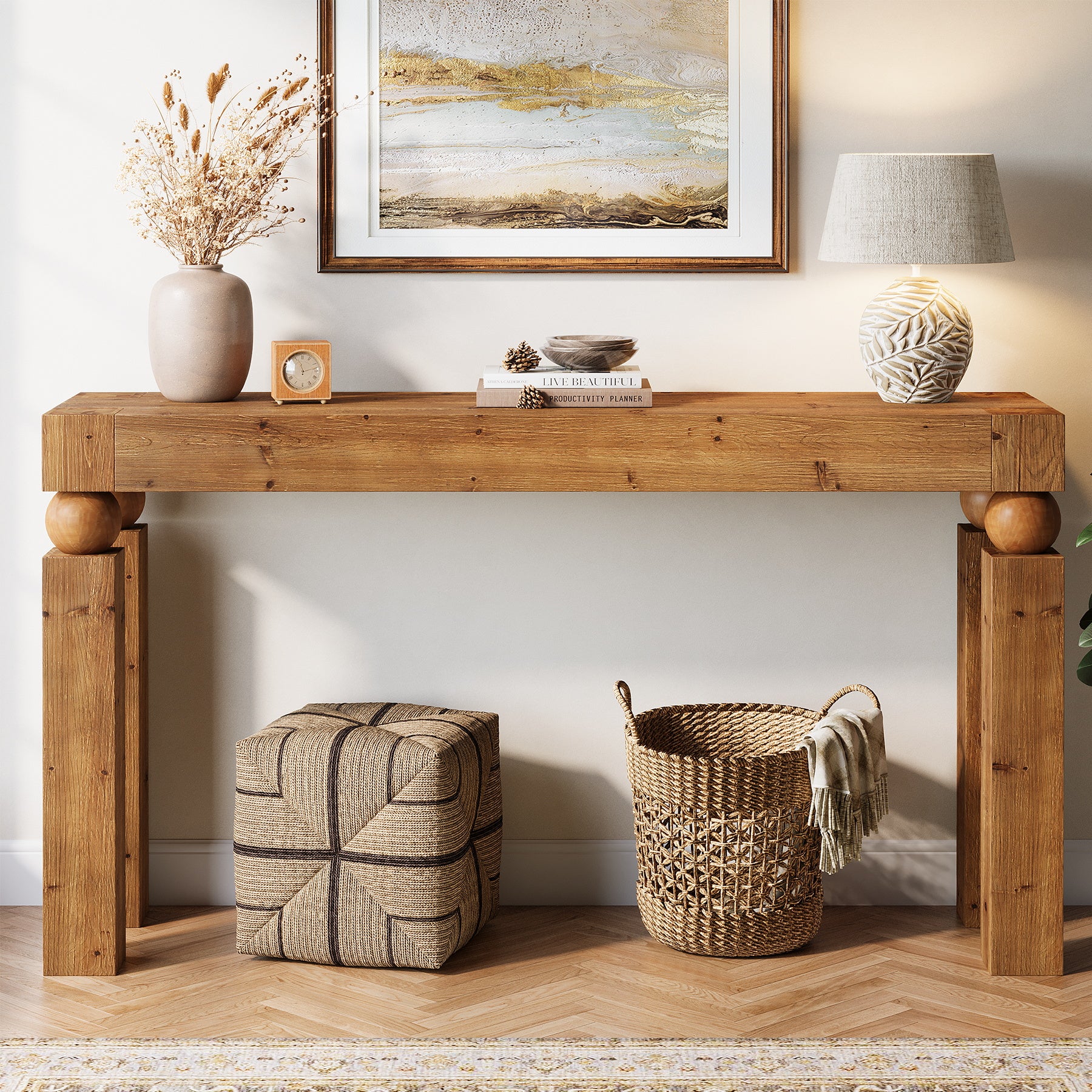 59" Solid Wood Console Table, Narrow Farmhouse Sofa Table Behind Couch