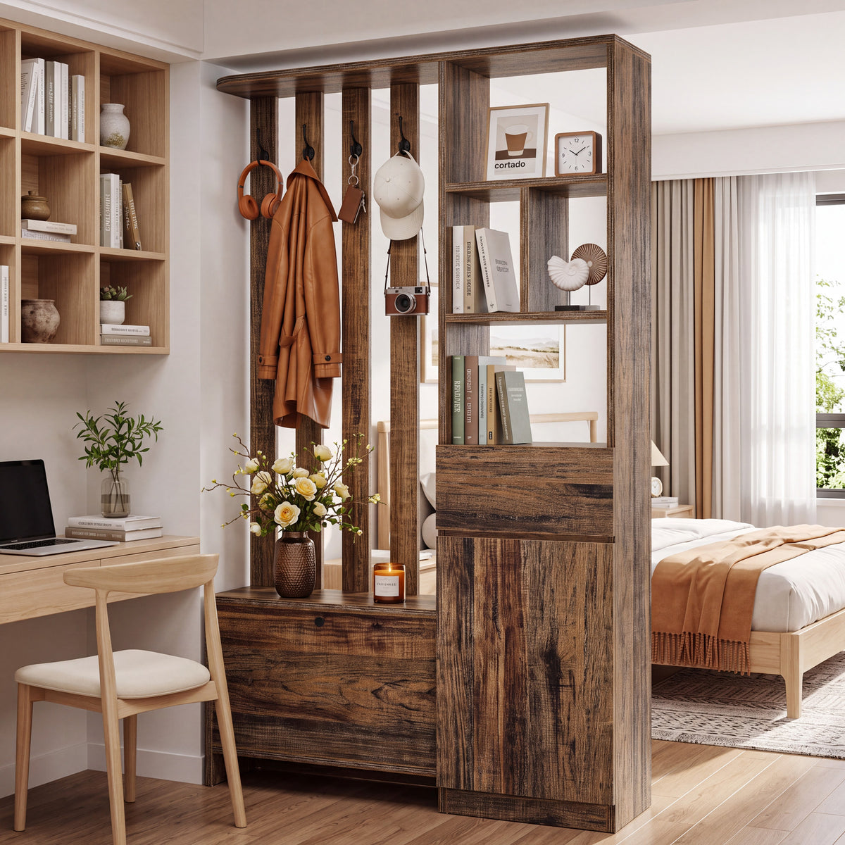 71" Farmhouse Hall Tree with Bench & Shoe Storage, 5 Double Hooks & 2 Drawers