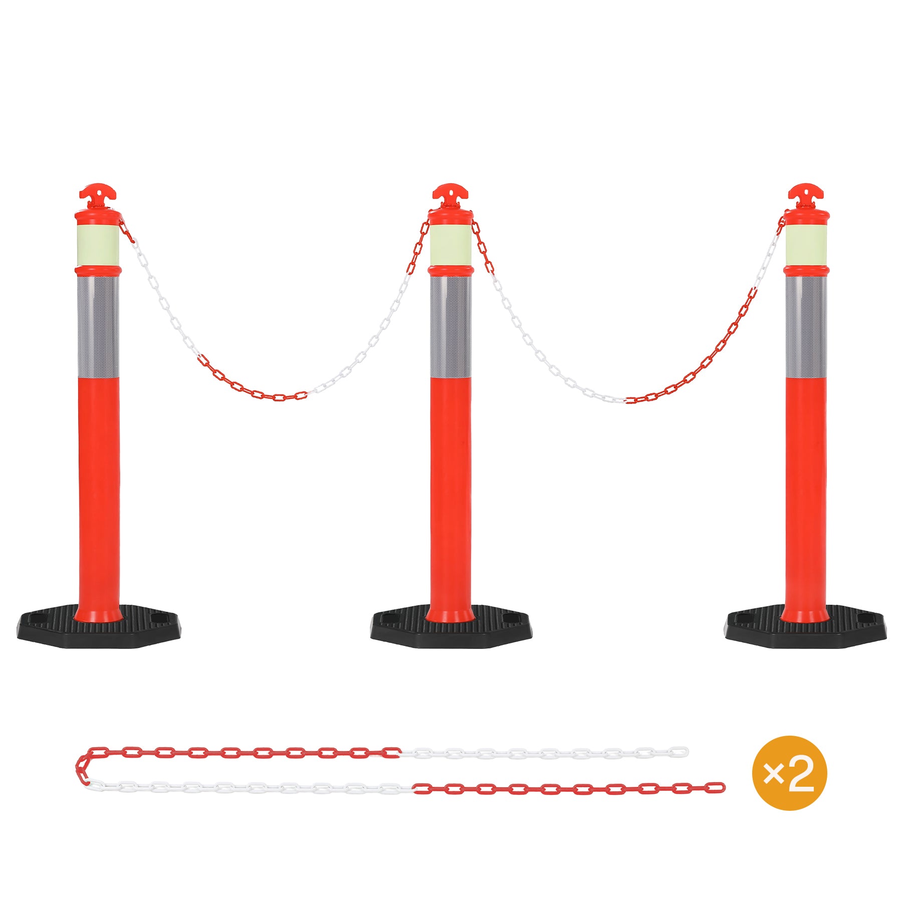45" Reflective & Glow-in-the-Dark Traffic Delineator Posts with Heavy Rubber Base & Connecting Chains