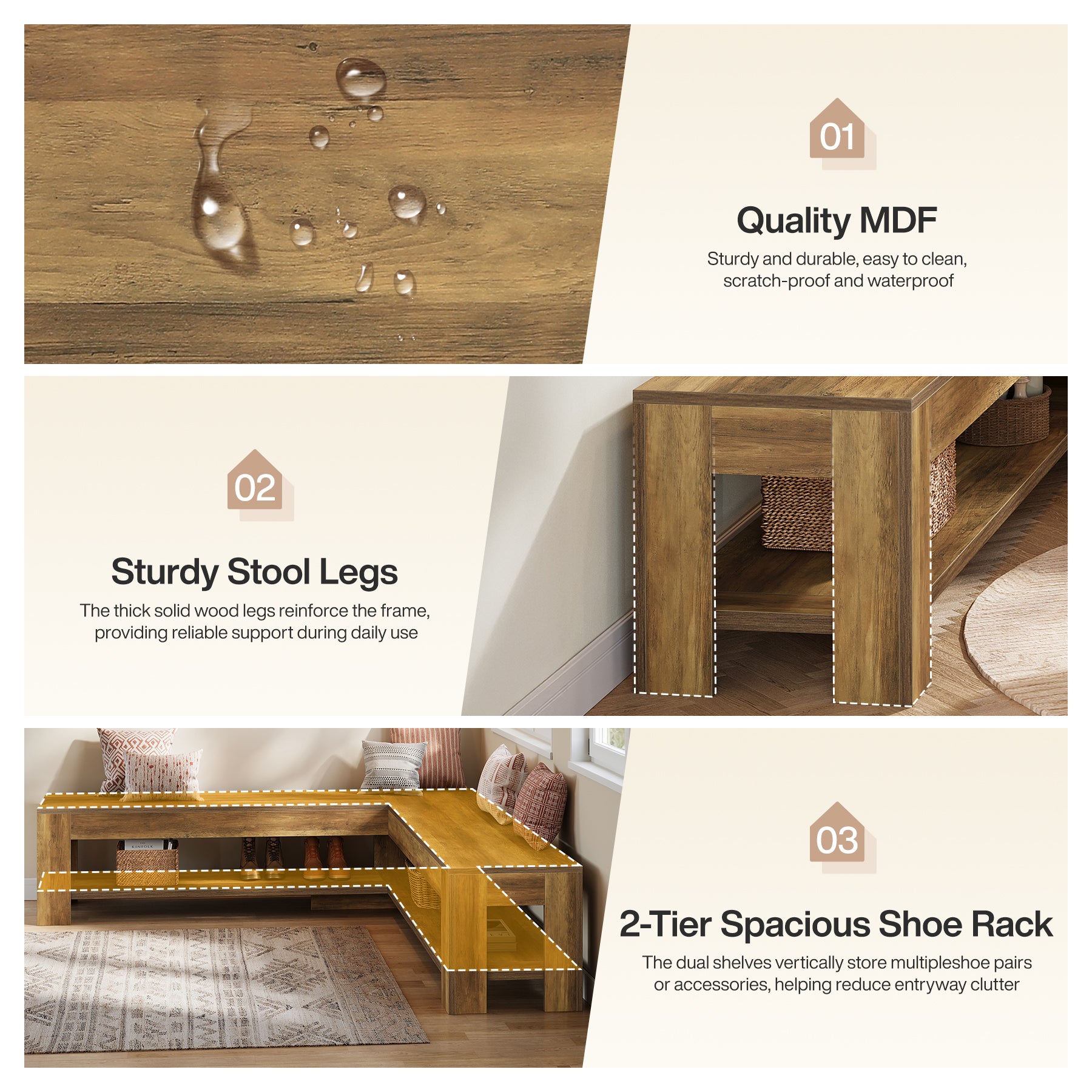 L-Shaped Bench, Corner Dining Nook Bench with Storage Shelf for Kitchen, Living Room