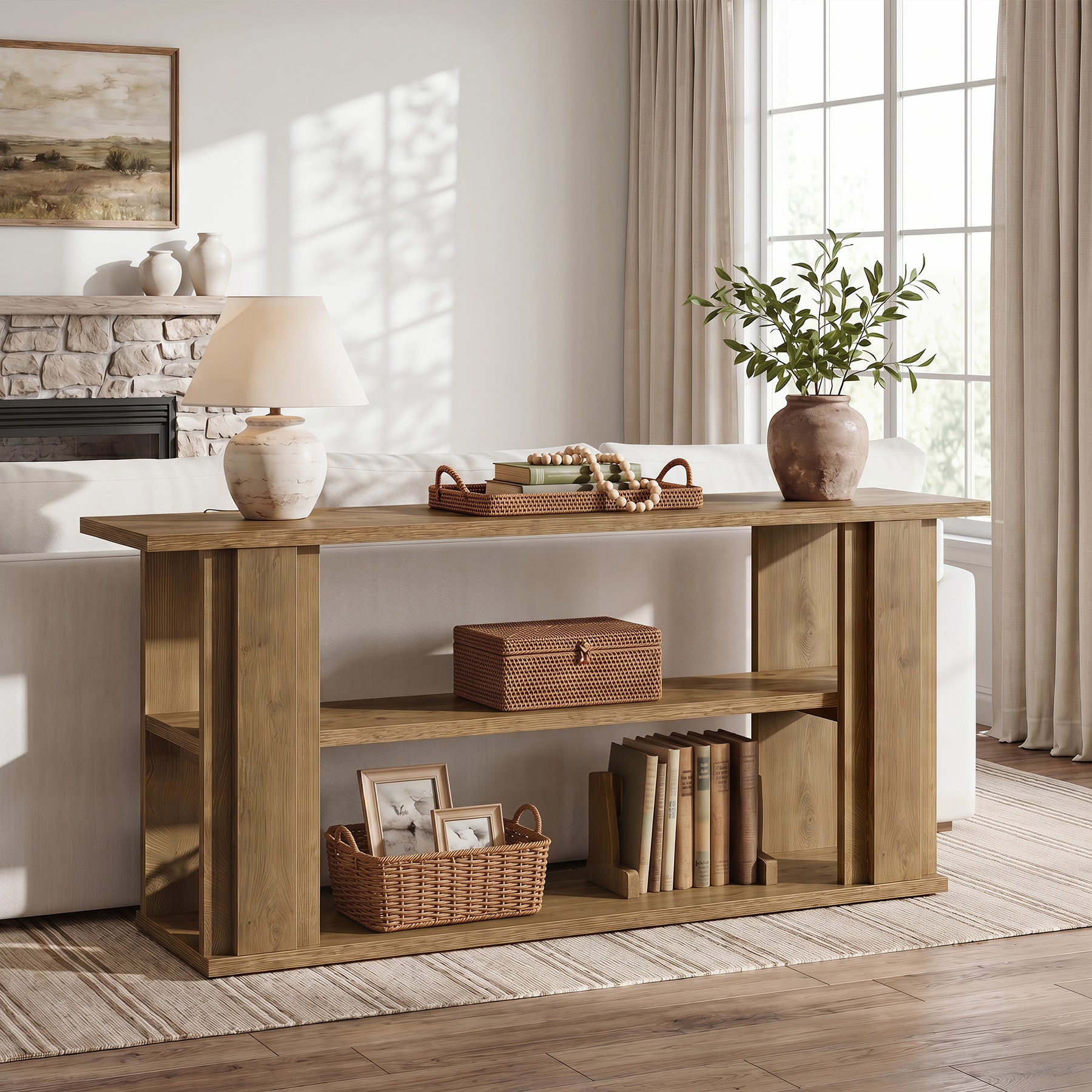 63" Farmhouse Console Table, Narrow Entryway Sofa Table with 3-Tier Storage Shelves