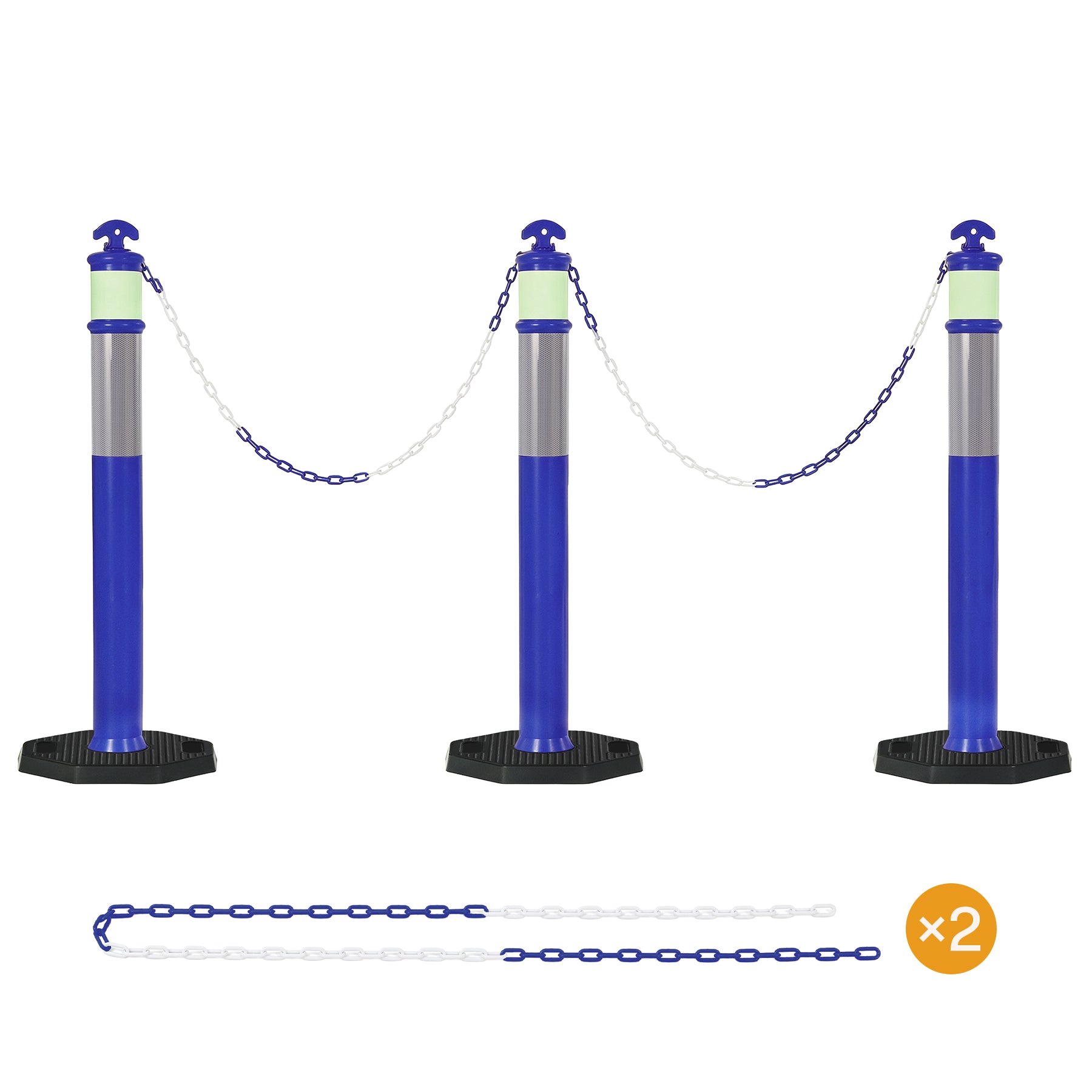 45" Reflective & Glow-in-the-Dark Traffic Delineator Posts with Heavy Rubber Base & Connecting Chains