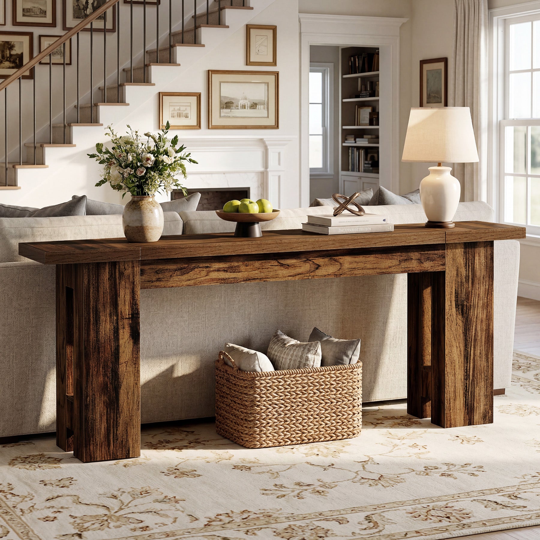 86.6" Long Console Table, Farmhouse Entryway Sofa Table Behind Couch for Hallway