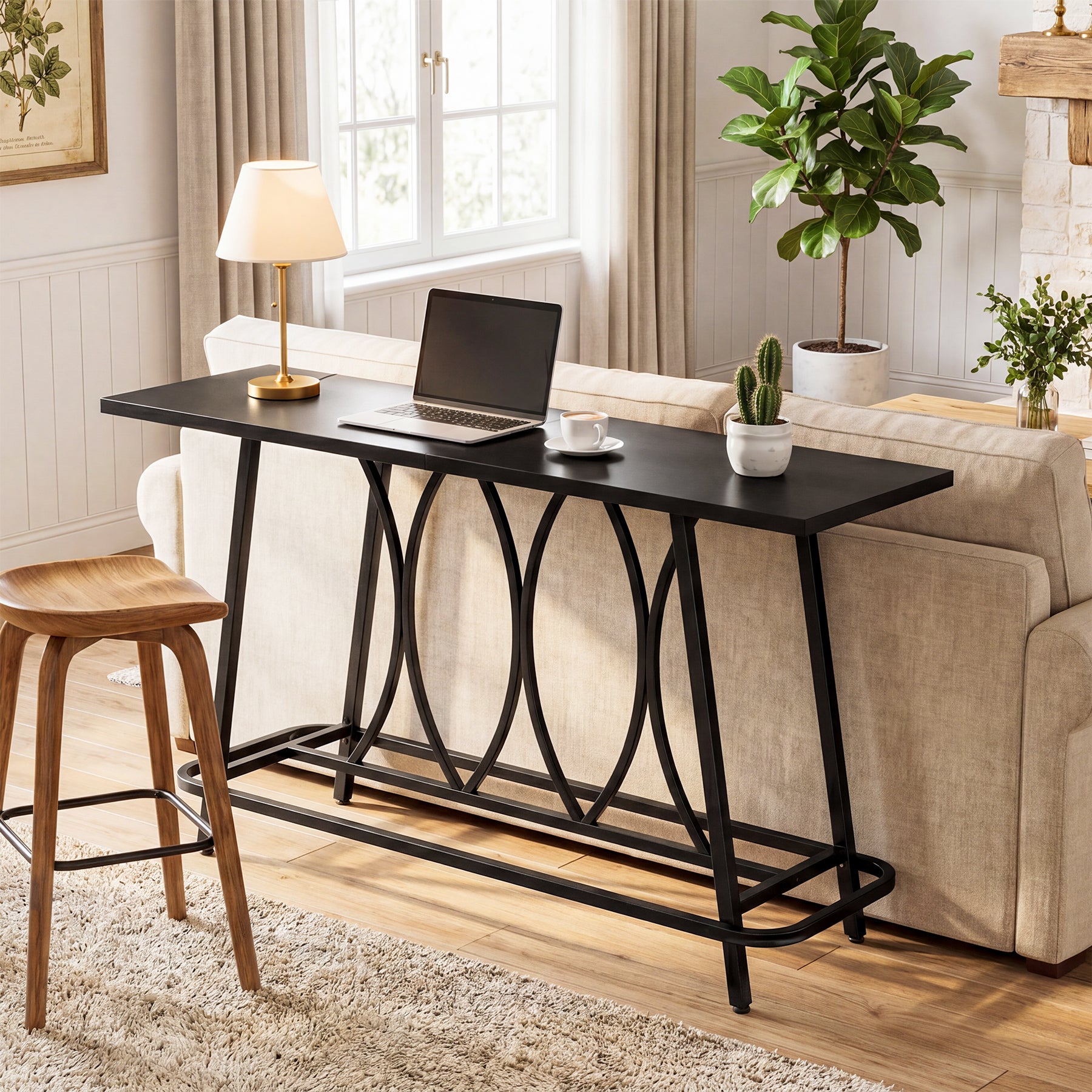 63-Inch Counter Height Bar Table with Reinforced Metal Frame, Modern Industrial Home Bar Table