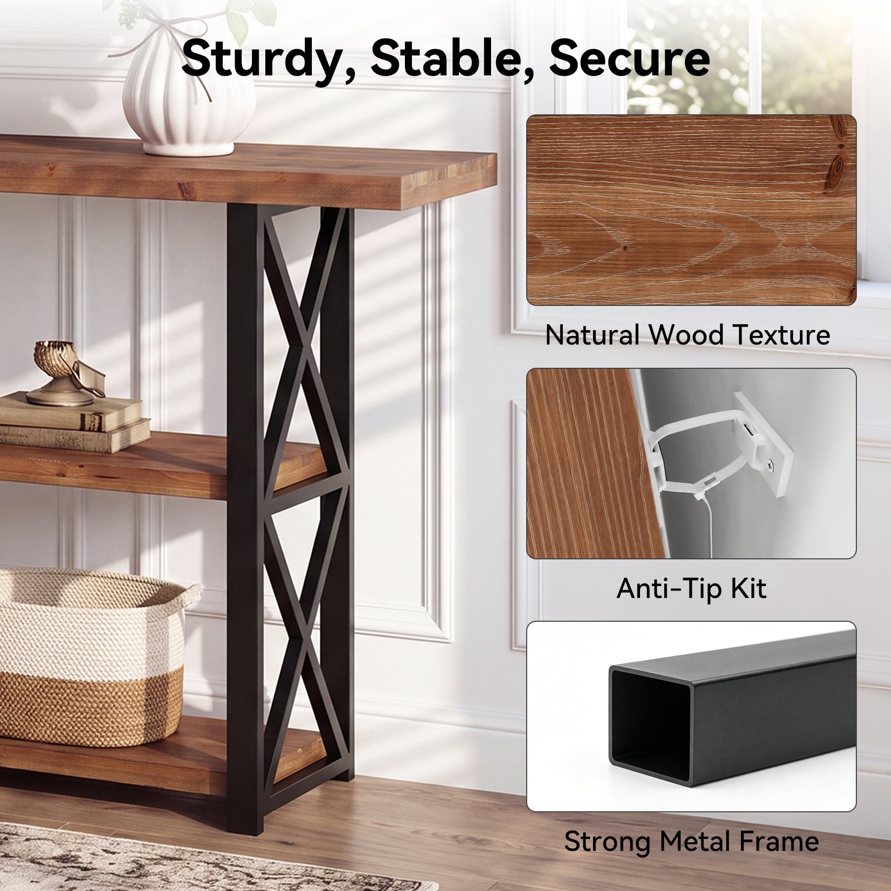 63" Solid Wood Console Table, 3-Tier Narrow Behind Couch Sofa Table, Entryway