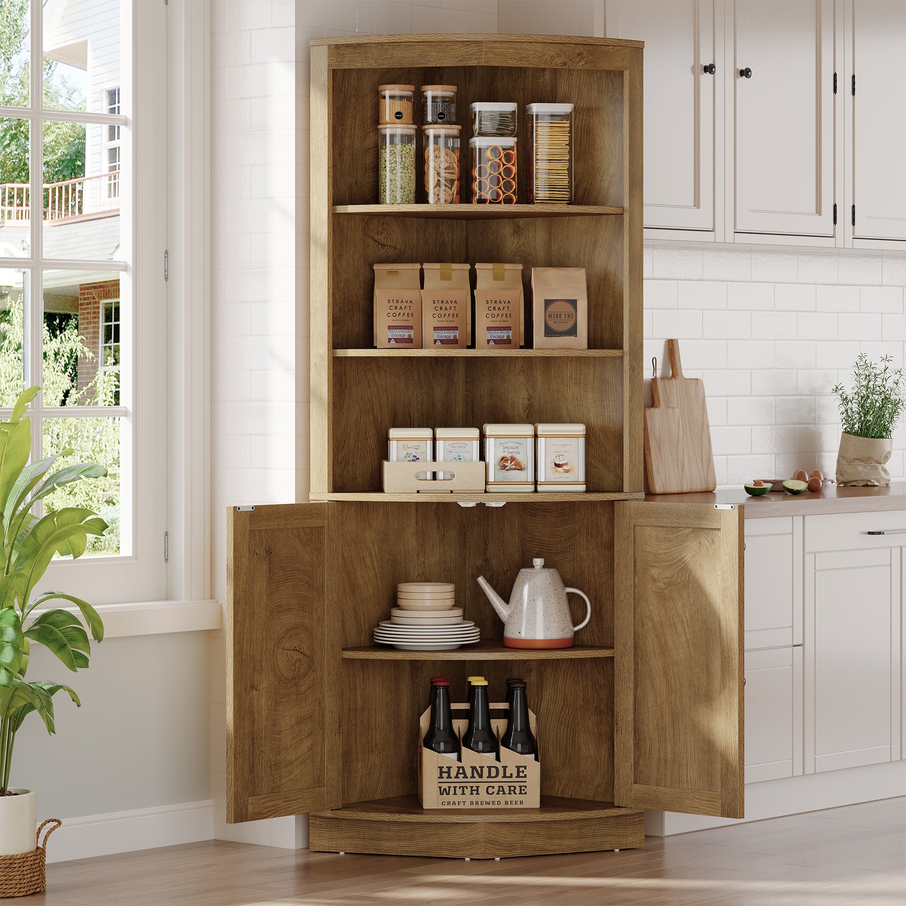 66.9" Corner Storage Cabinet, 5-Tier Corner Shelf with Fluted Doors & Open Shelves