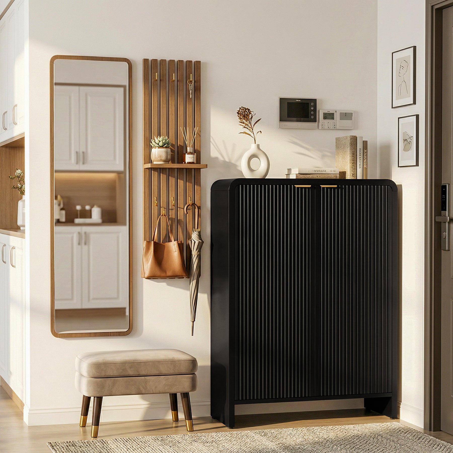 43.31-Inch Black Shoe Storage Cabinet with Doors, 6-Tier Fluted Entryway Organizer