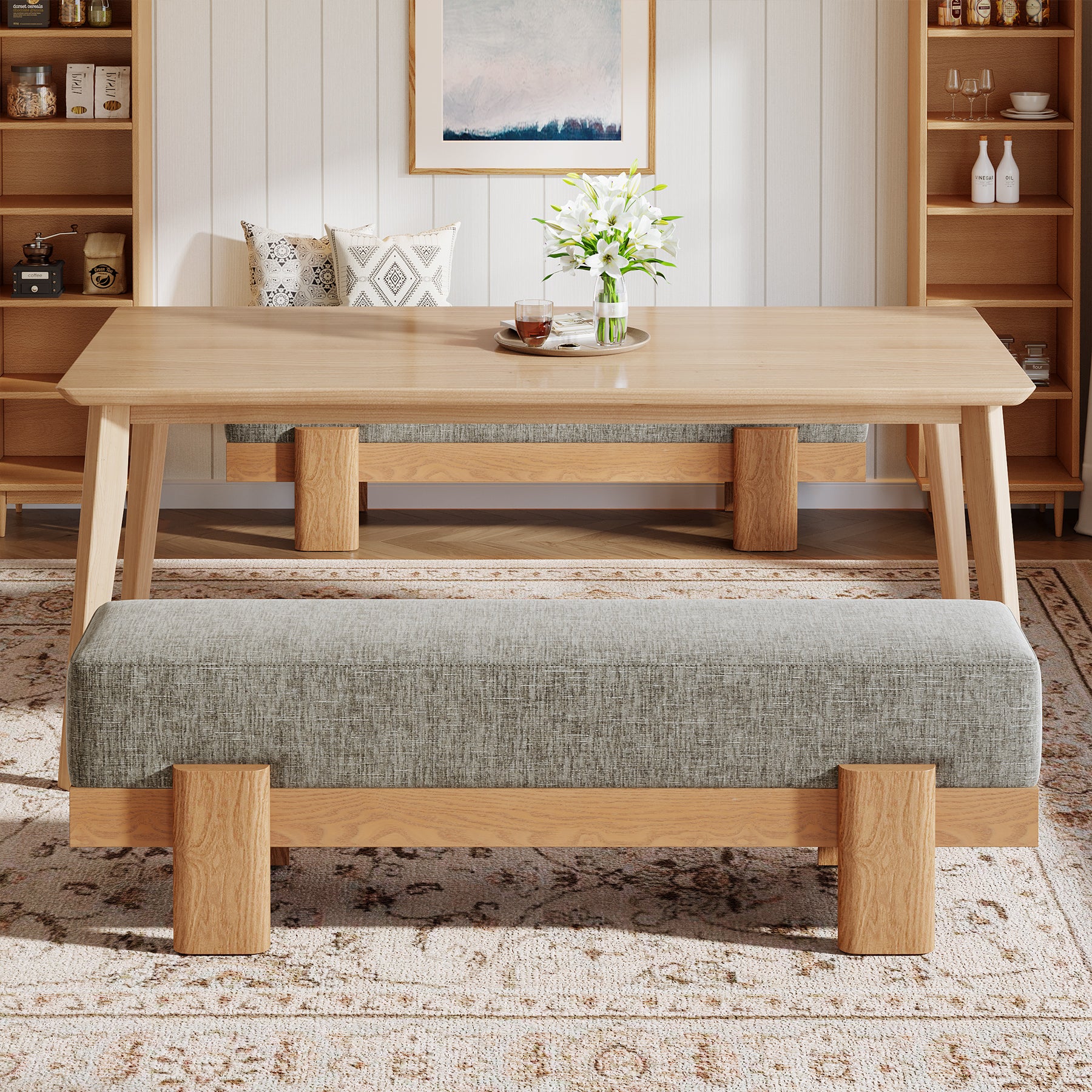 55" Dining Bench, Modern Upholstered Kitchen Benches with Fabric Padded Seat