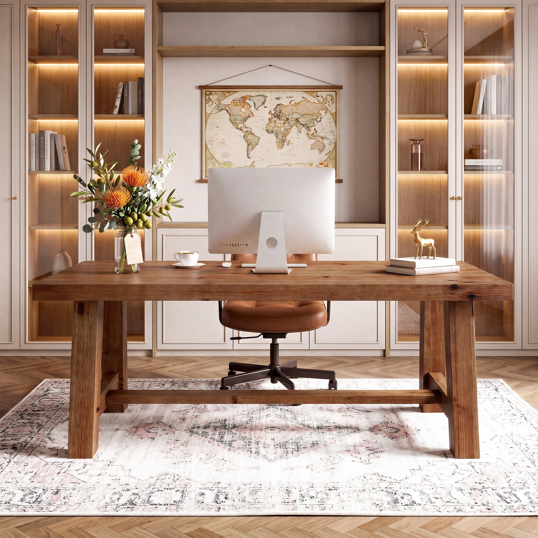 63" Farmhouse Computer Desk, Solid Wood Home Office Desk with Thick Tabletop