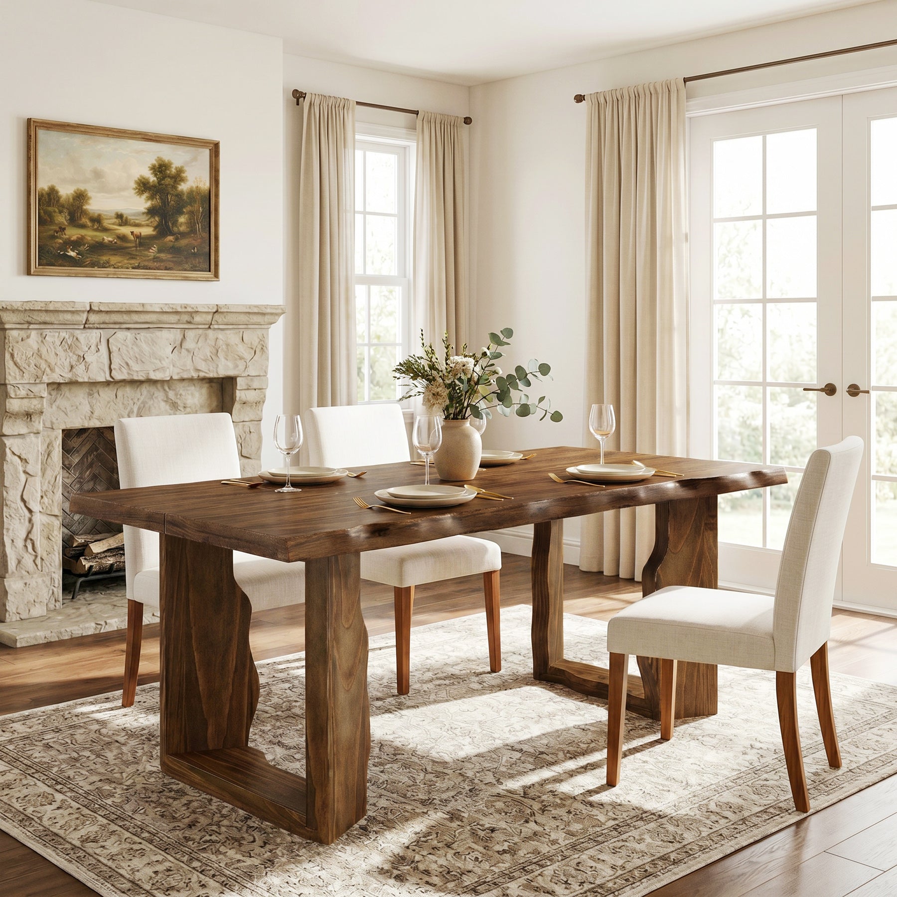 63" Solid Wood Live Edge Dining Table for 6, Rustic Modern Kitchen & Dining Room Table with Sculptural Legs