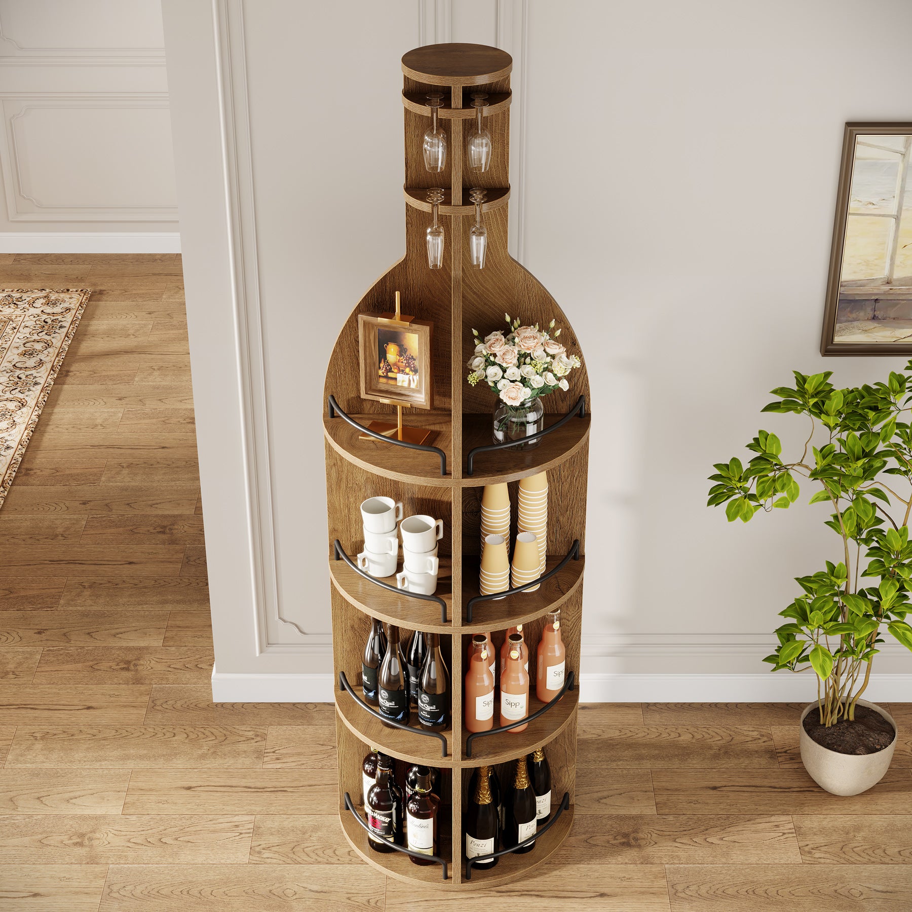 75" Wine Rack with Shelves, Round Wine Cabinet with Hanging Goblet Holder (No Lights)