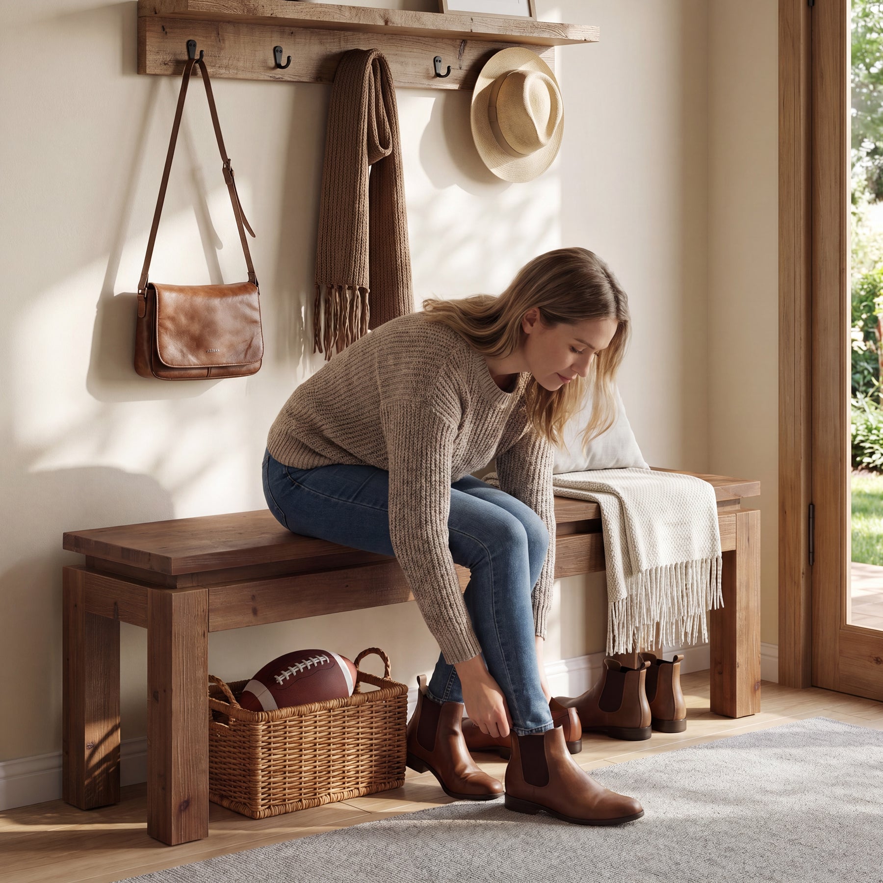 59" Solid Wood Entryway Bench, Farmhouse Shoe Bench Seat for Living Room