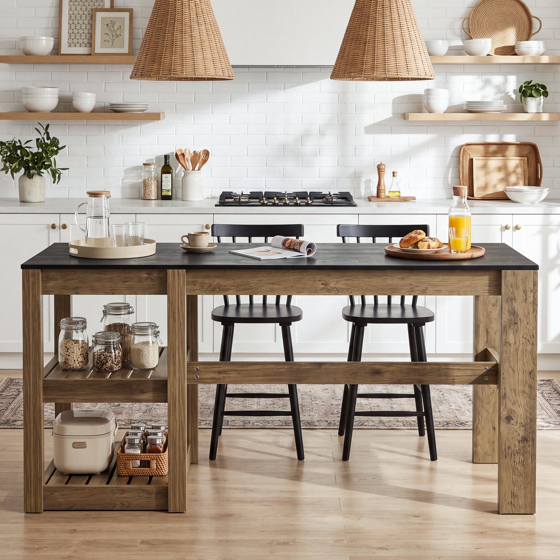 55" Kitchen Island Table, 2-Tier Storage Shelves for Dining Room