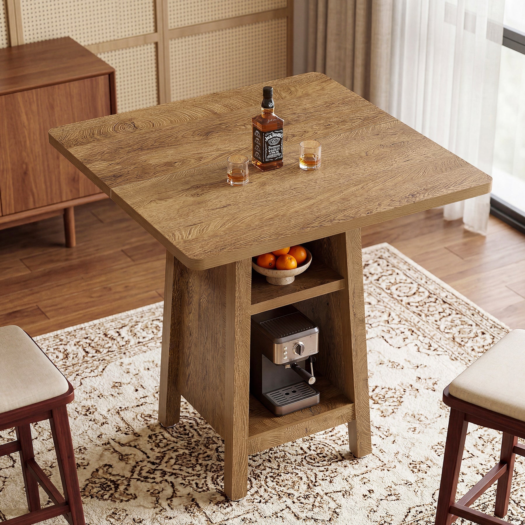 Square Bar Table with Storage, 35.4" H Pub Bar Table with 2 Open Shelves