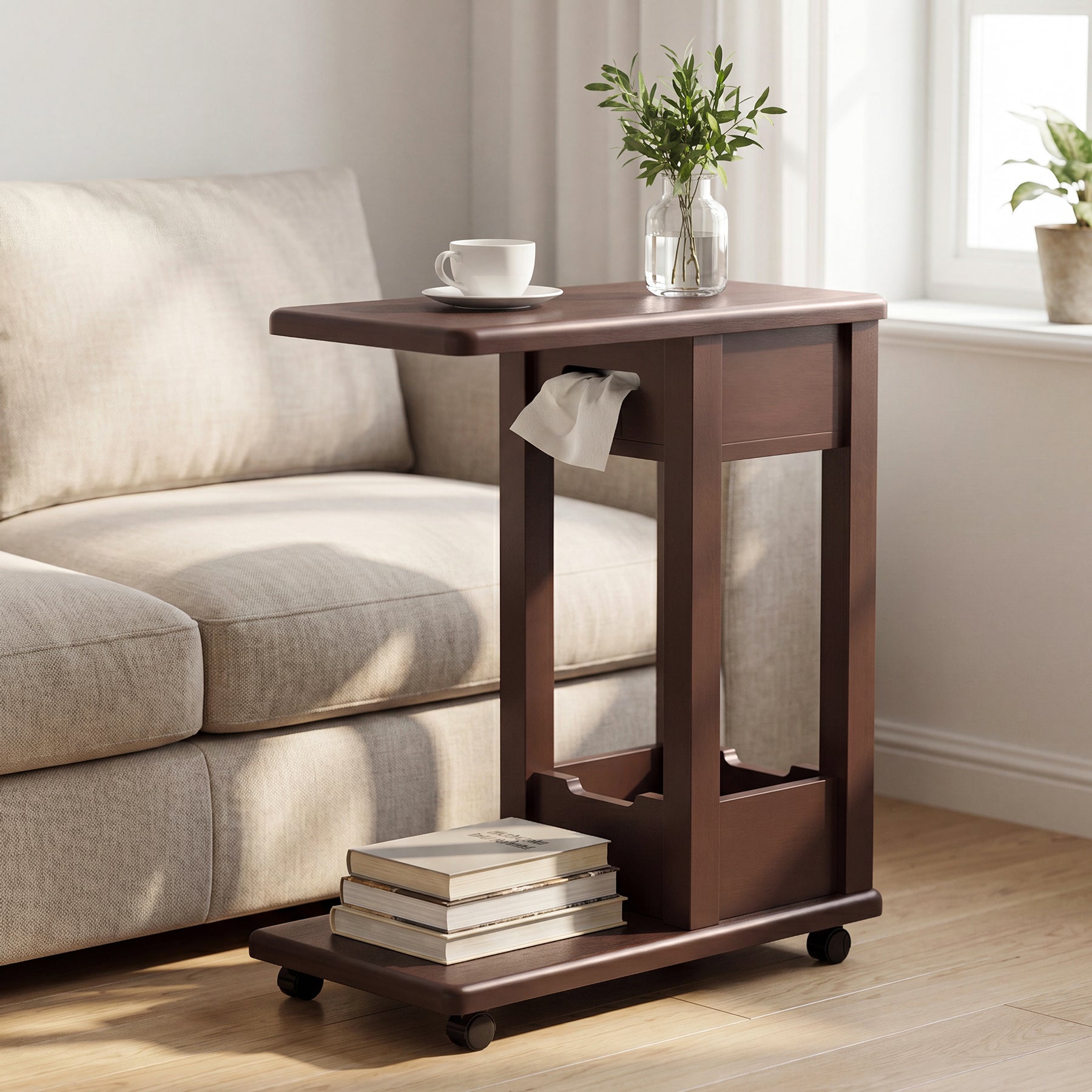 C-Shaped Side Table, 2-Tier Rolling Sofa End Table with Swivel & Lockable Casters