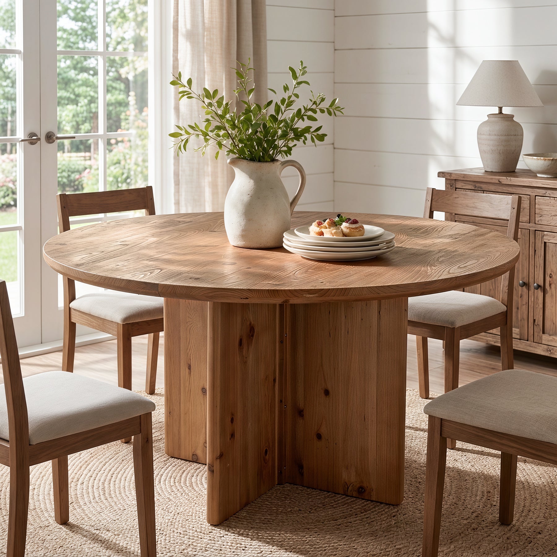 47.2" Round Dining Table, Solid Wood Kitchen Table with Cross Pedestal Base for 4-6