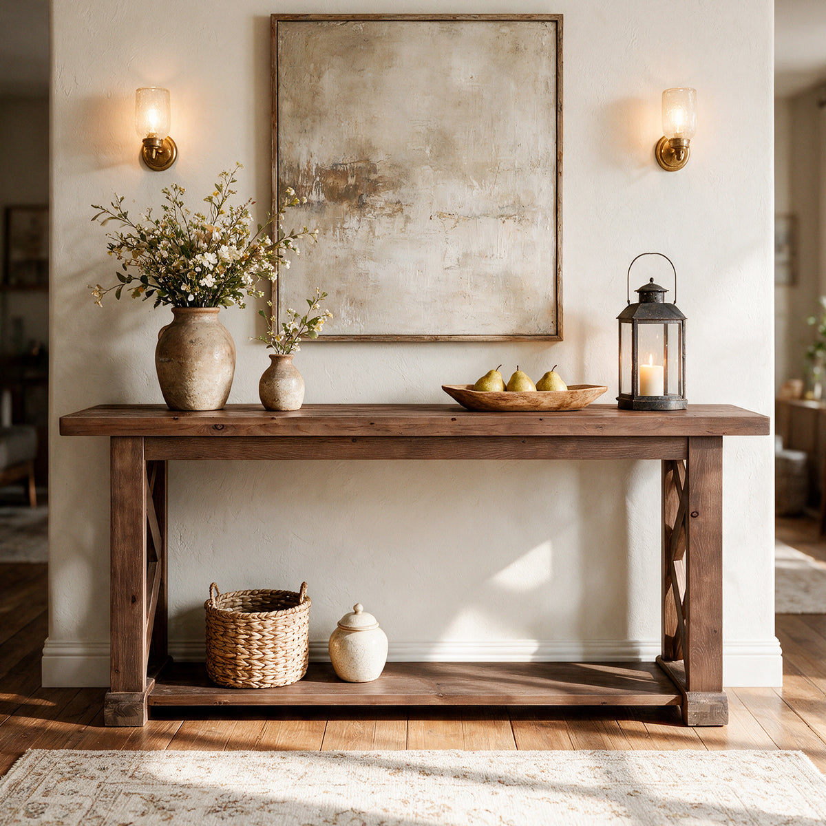 63" Console Table, Farmhouse Solid Wood, 2-Tier X-Shaped Frame, Narrow Sofa Table